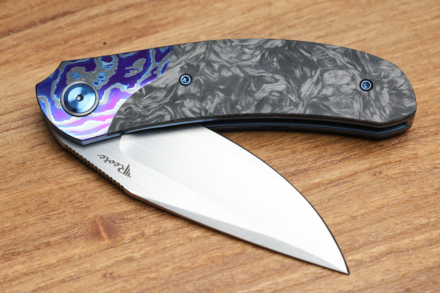 REATE KNIVES FDT TF-4 TITANIUM BLUE HANDLE MARBLED FAT CARBON ZIRCUTI BOLSTERS HAND RUBBED M398 BLADE