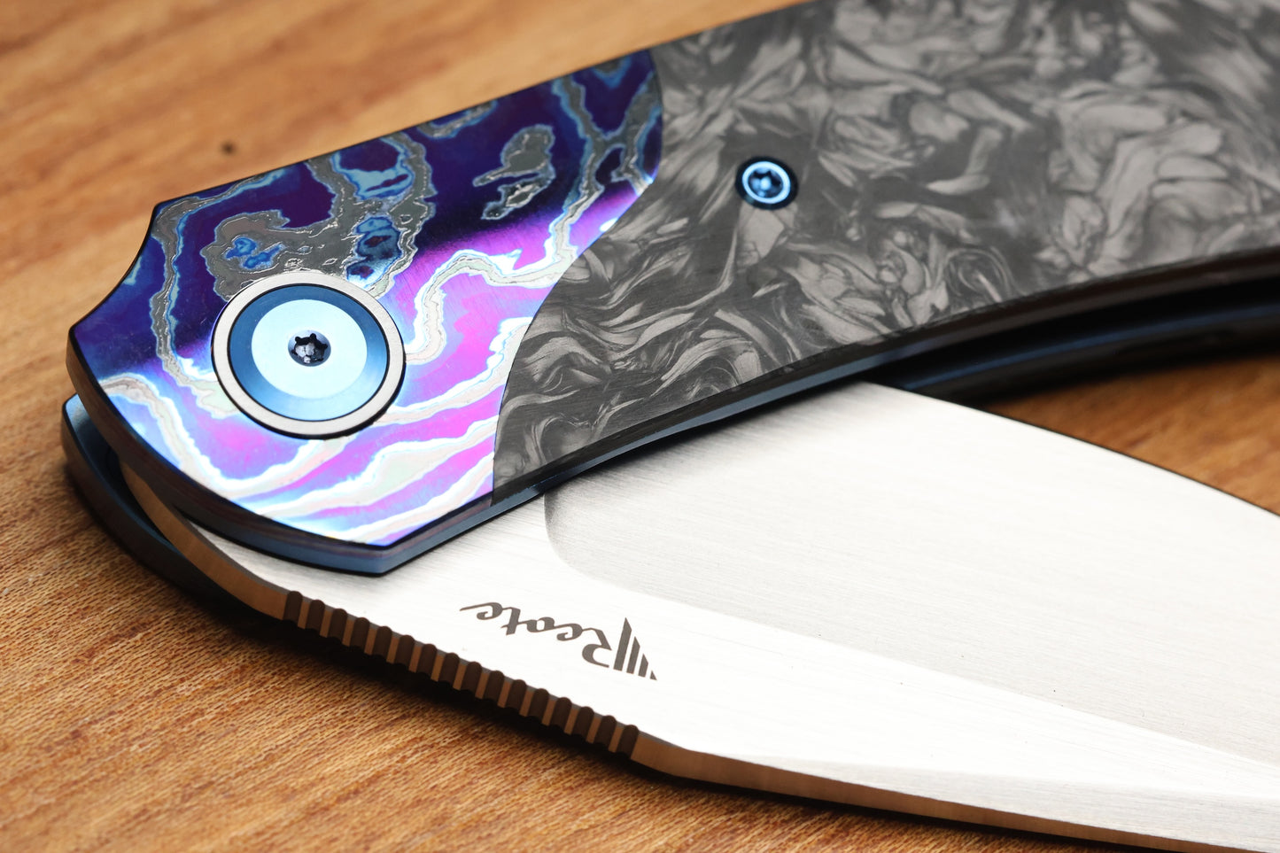REATE KNIVES FDT TF-4 TITANIUM BLUE HANDLE MARBLED FAT CARBON ZIRCUTI BOLSTERS HAND RUBBED M398 BLADE