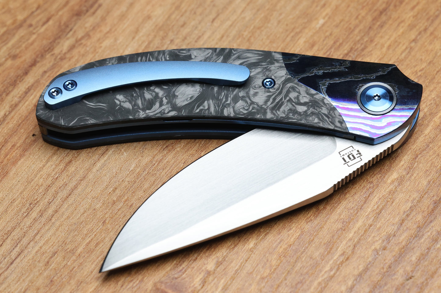REATE KNIVES FDT TF-4 TITANIUM BLUE HANDLE MARBLED FAT CARBON ZIRCUTI BOLSTERS HAND RUBBED M398 BLADE