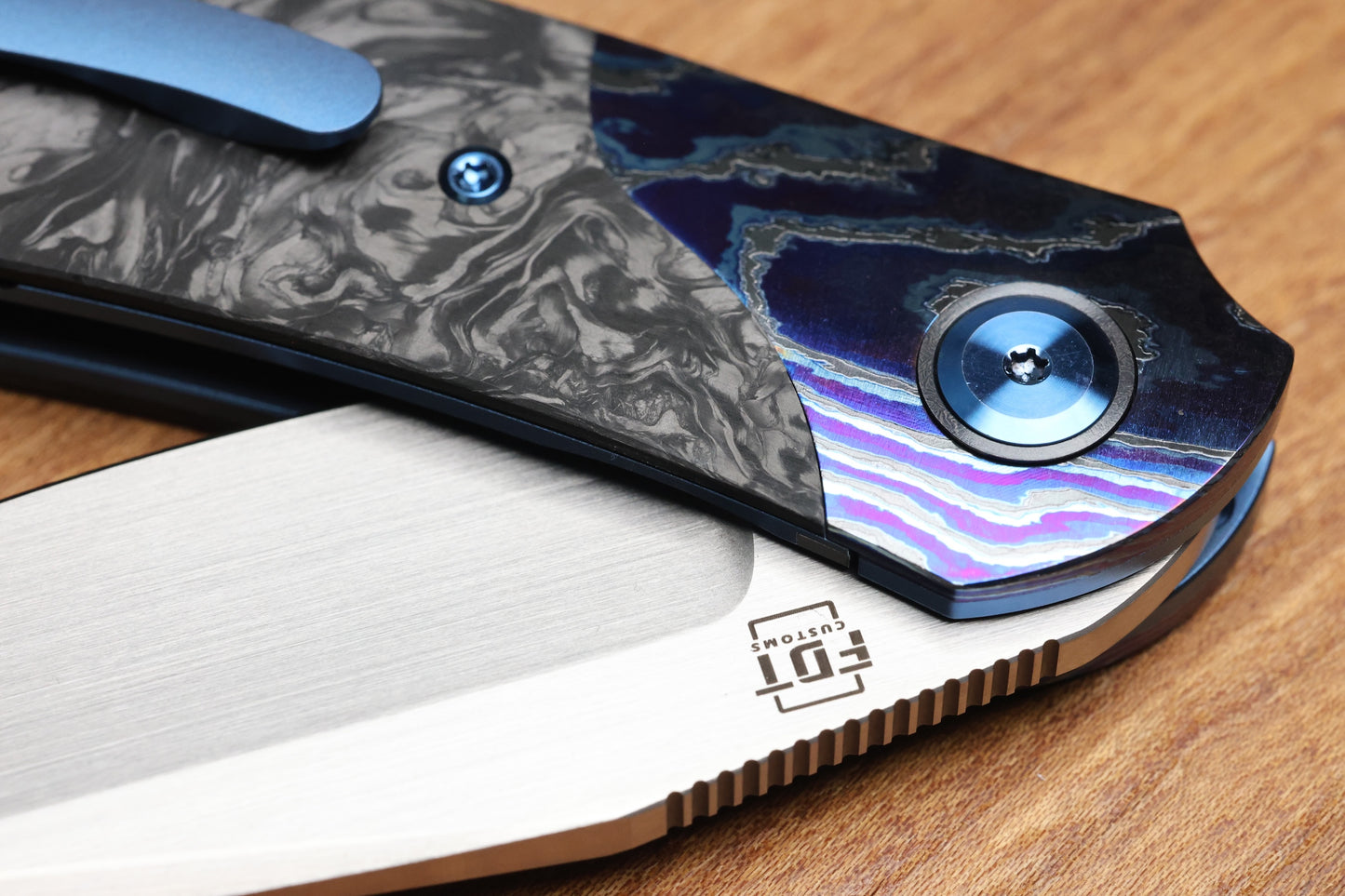 REATE KNIVES FDT TF-4 TITANIUM BLUE HANDLE MARBLED FAT CARBON ZIRCUTI BOLSTERS HAND RUBBED M398 BLADE