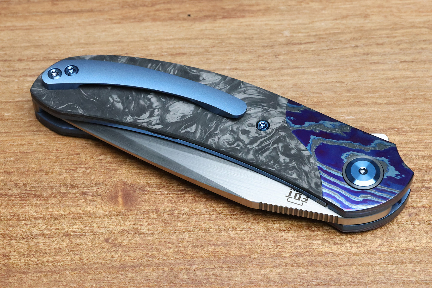 REATE KNIVES FDT TF-4 TITANIUM BLUE HANDLE MARBLED FAT CARBON ZIRCUTI BOLSTERS HAND RUBBED M398 BLADE