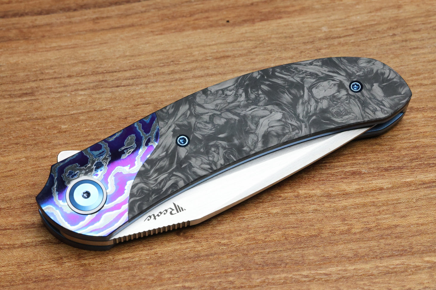 REATE KNIVES FDT TF-4 TITANIUM BLUE HANDLE MARBLED FAT CARBON ZIRCUTI BOLSTERS HAND RUBBED M398 BLADE
