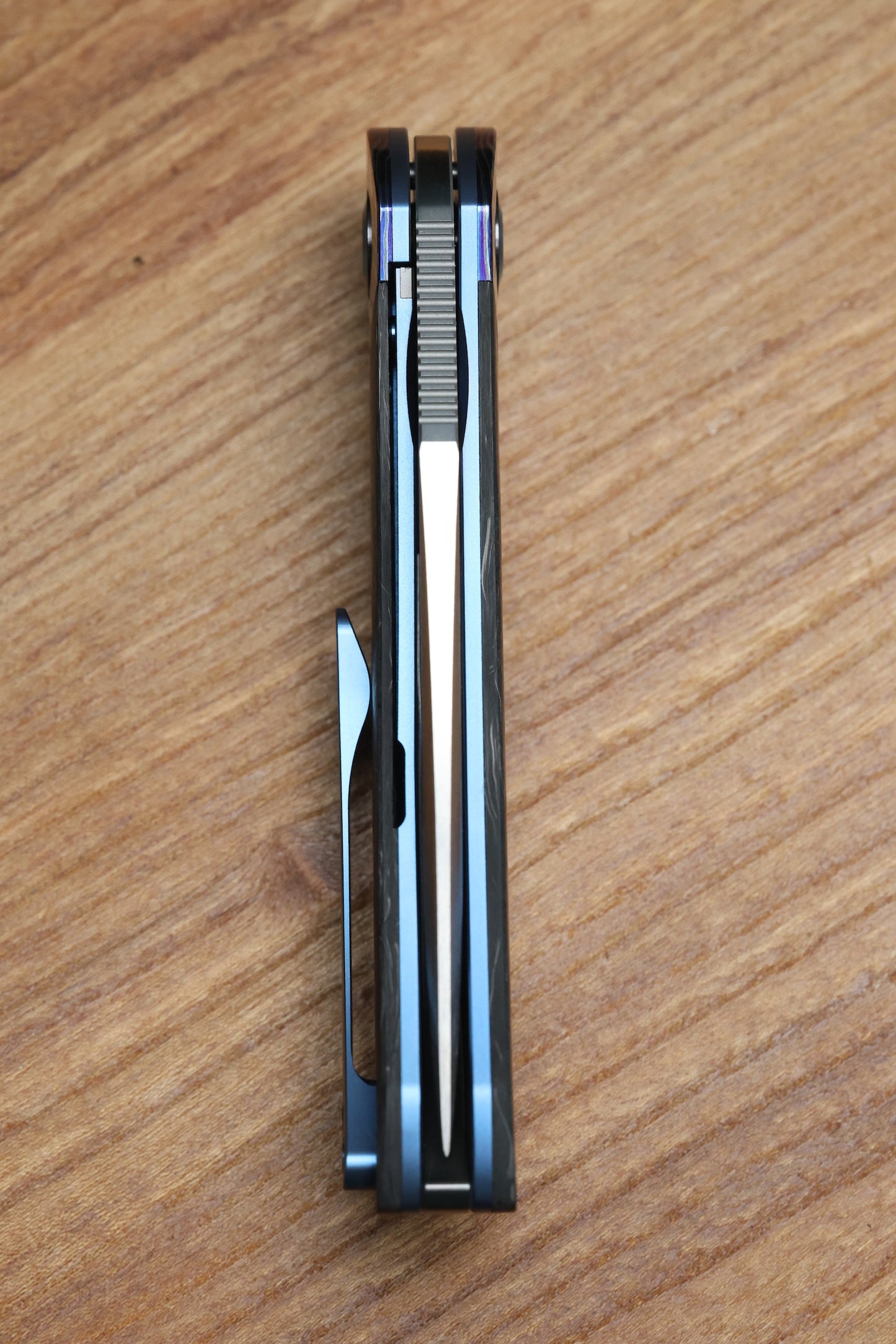 REATE KNIVES FDT TF-4 TITANIUM BLUE HANDLE MARBLED FAT CARBON ZIRCUTI BOLSTERS HAND RUBBED M398 BLADE