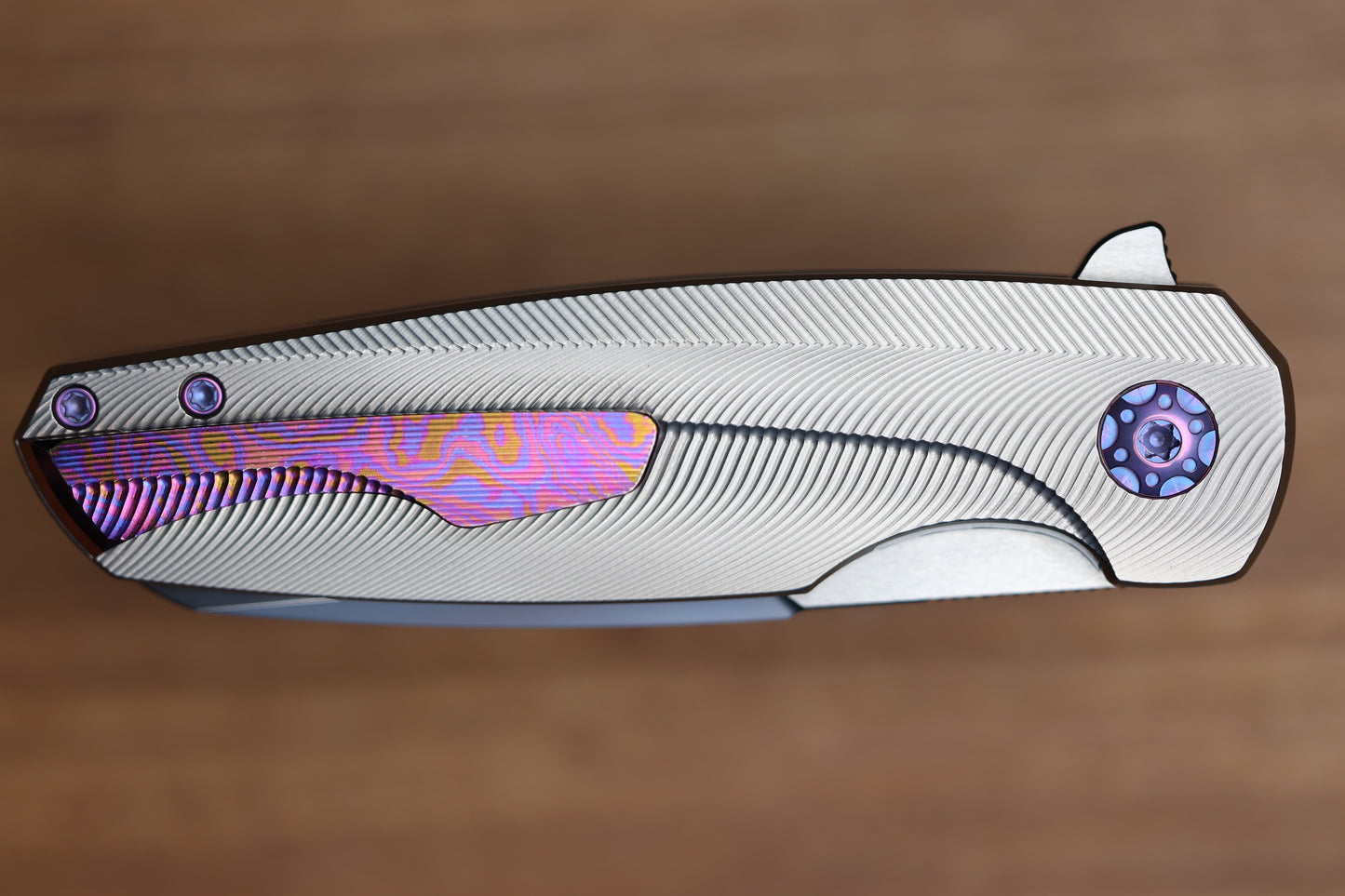 HOLT BLADEWORKS HAPTIC SLIM LINER LOCK TITANIUM QUIL PATTERN NEAR MIRROR M390 BLADE #297 (PREOWNED)