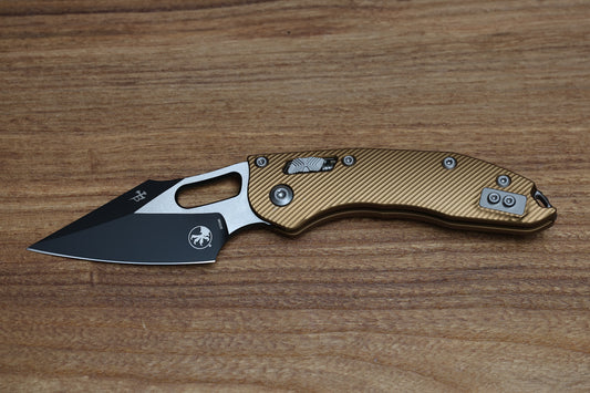 MICROTECH KNIVES MANUAL STITCH RAM LOK FLUTED ALUMINUM TAN STANDARD & BLACK M390MK 169RL-1 FLTA