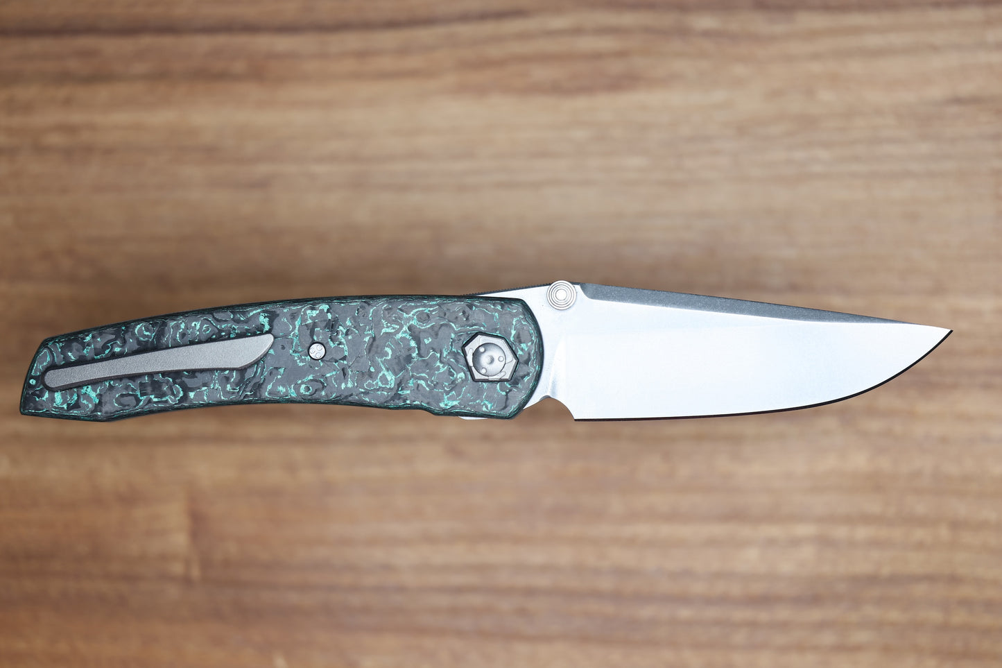 SHARKNIVCO LINER LOCK WAKA V4.9 - TEAL TECHNOCARBO HANDLE - POLISHED STONEWASH RWL34 BLADE