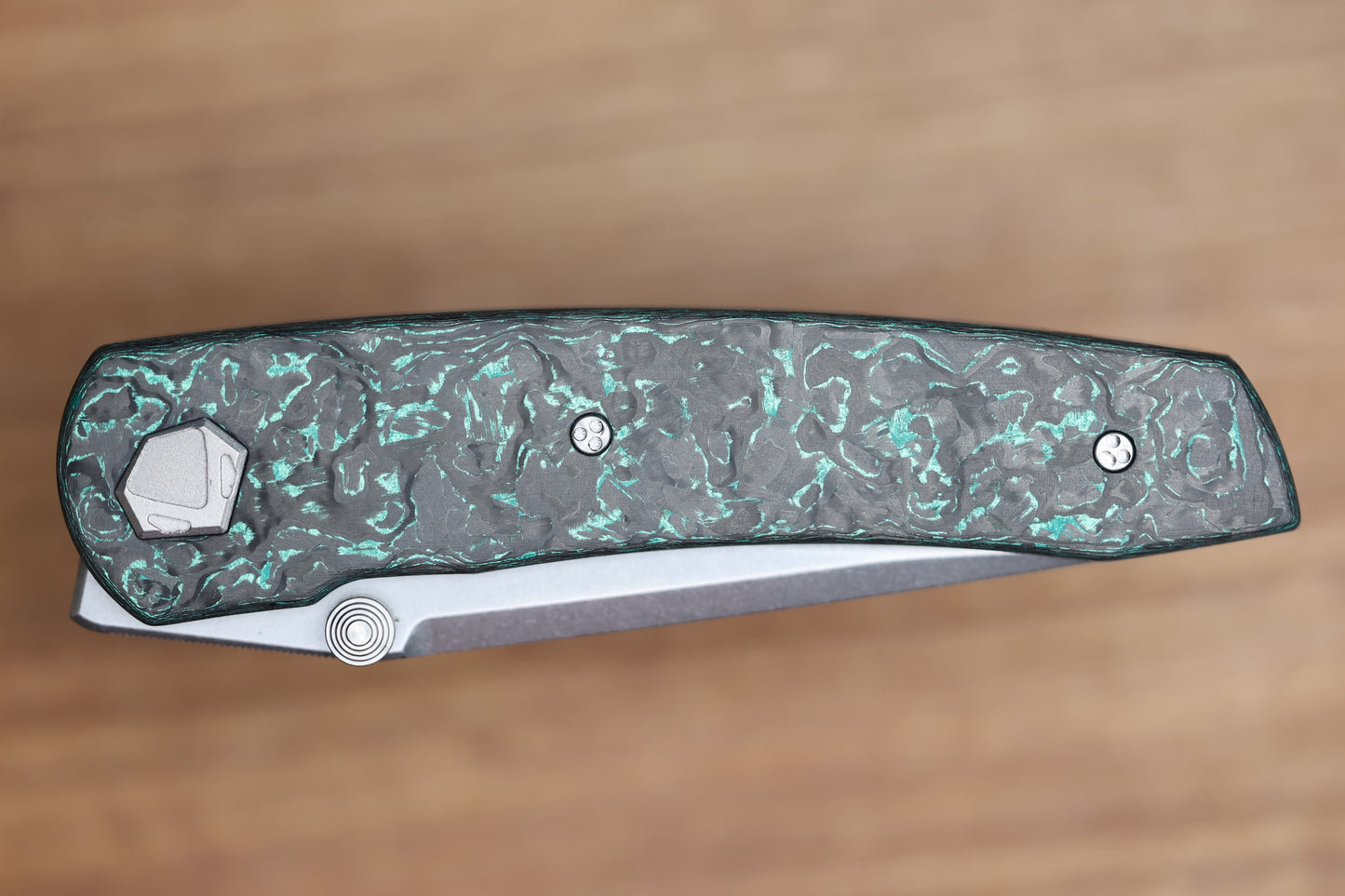 SHARKNIVCO LINER LOCK WAKA V4.9 - TEAL TECHNOCARBO HANDLE - POLISHED STONEWASH RWL34 BLADE