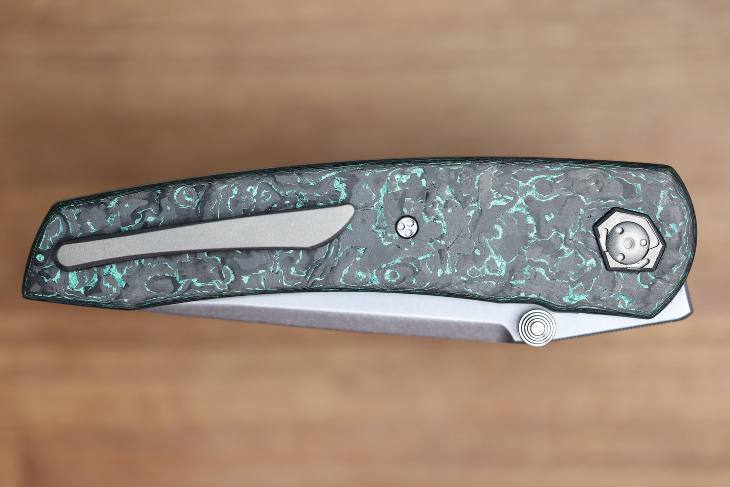 SHARKNIVCO LINER LOCK WAKA V4.9 - TEAL TECHNOCARBO HANDLE - POLISHED STONEWASH RWL34 BLADE