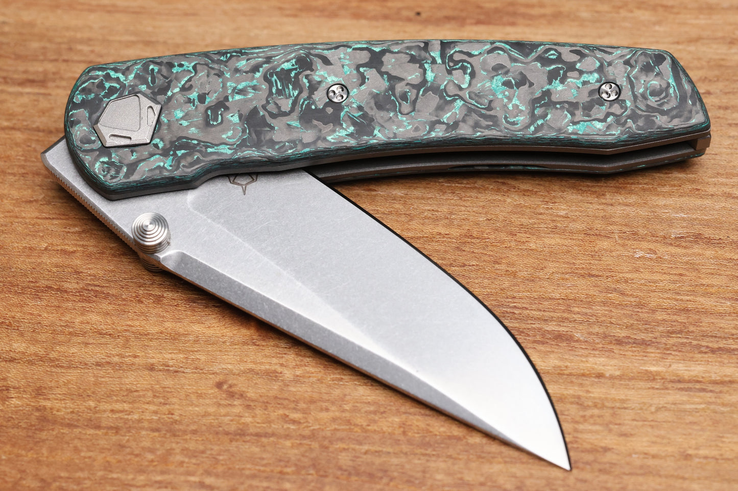 SHARKNIVCO LINER LOCK WAKA V4.9 - TEAL TECHNOCARBO HANDLE - POLISHED STONEWASH RWL34 BLADE
