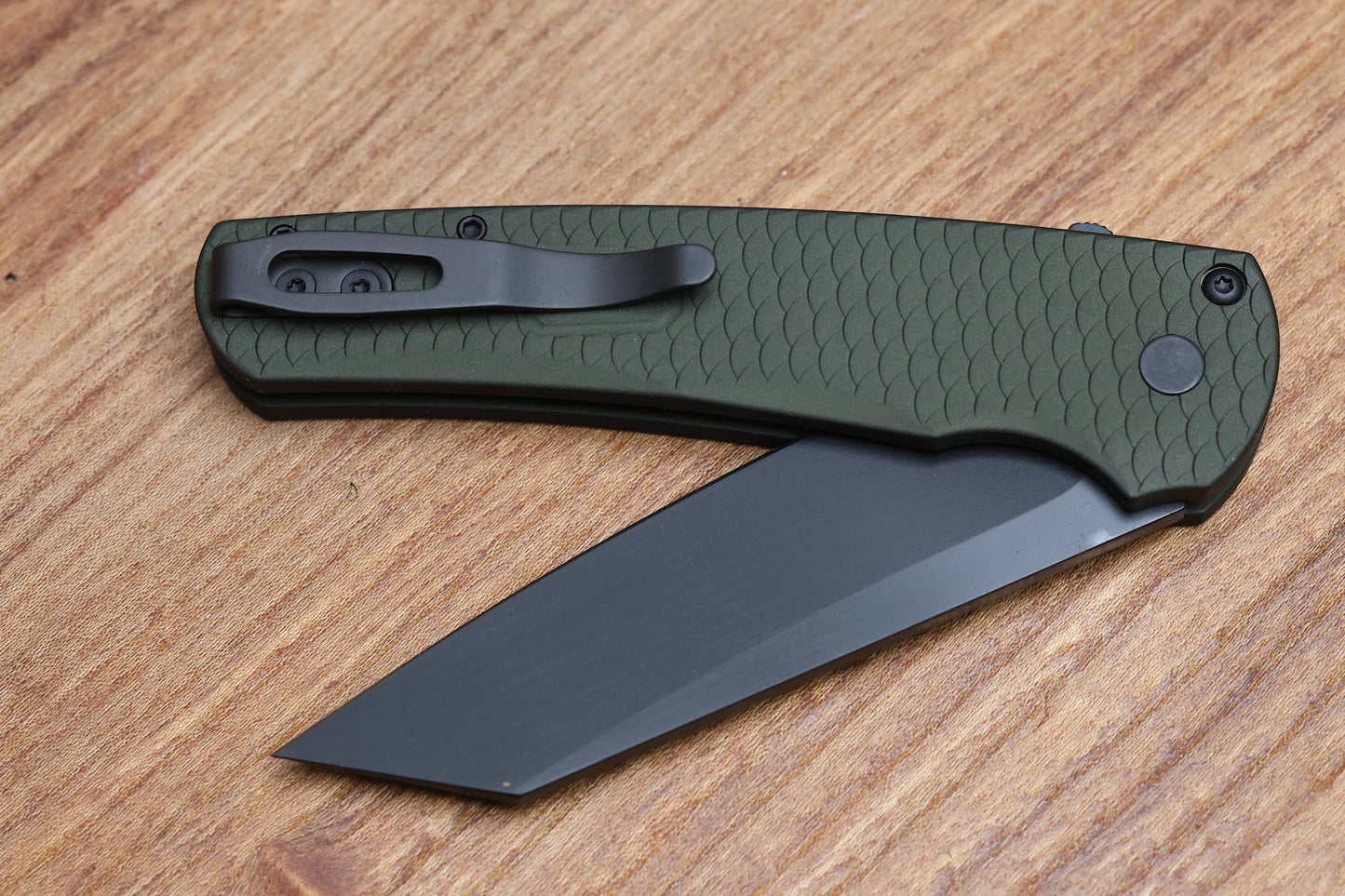 PRO-TECH KNIVES MALIBU FLIPPER - GREEN HANDLE WITH "DRAGON SCALE" TEXTURE - BLACK DLC 20CV REVERSE TANTO BLADE 5236-GREEN