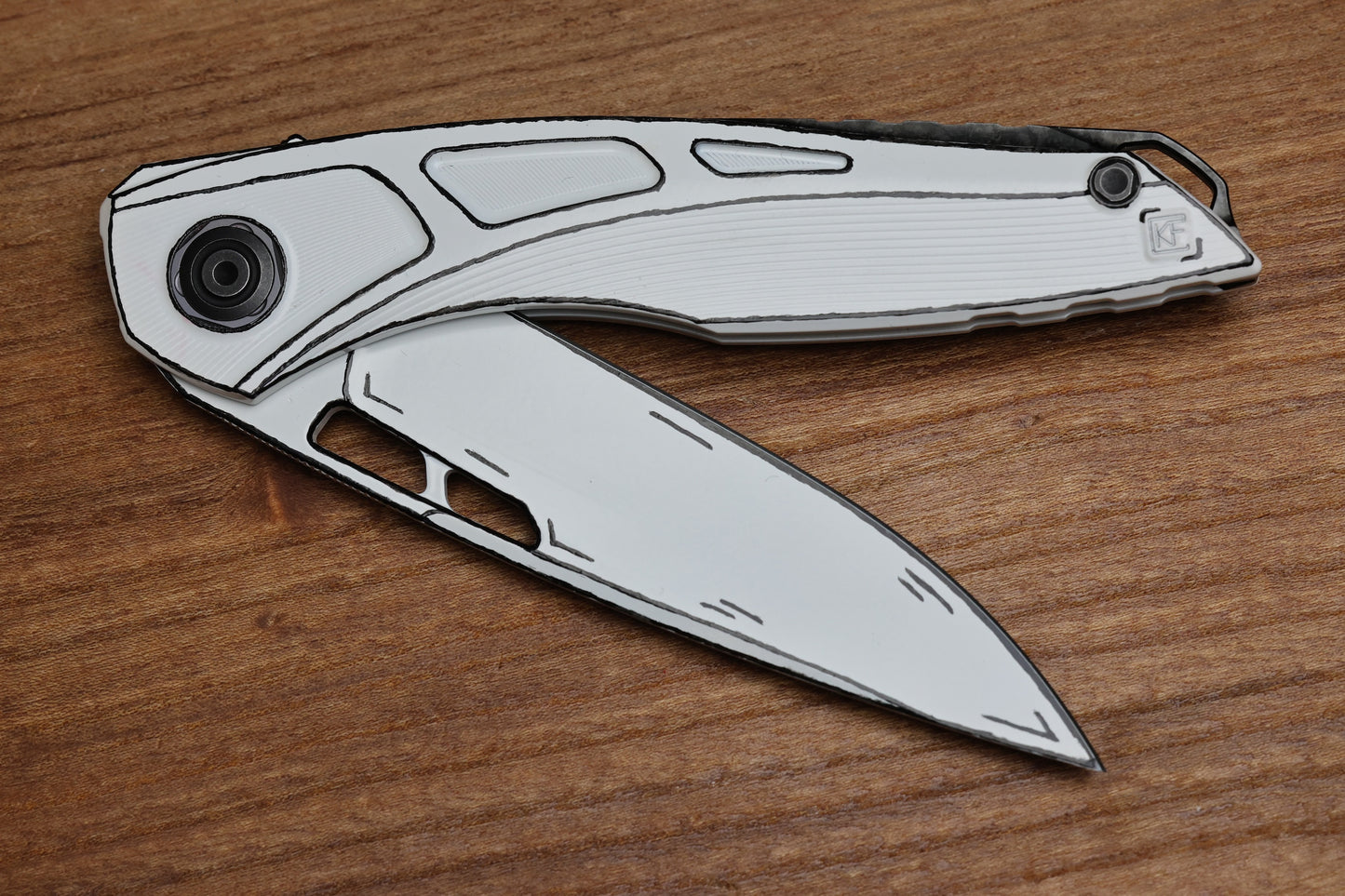 CUSTOM KNIFE FACTORY CEL SHADED WHITE SUKHOI-5 TITANIUM HANDLES W/ CRYSTAL TI BACKSPACER & M398