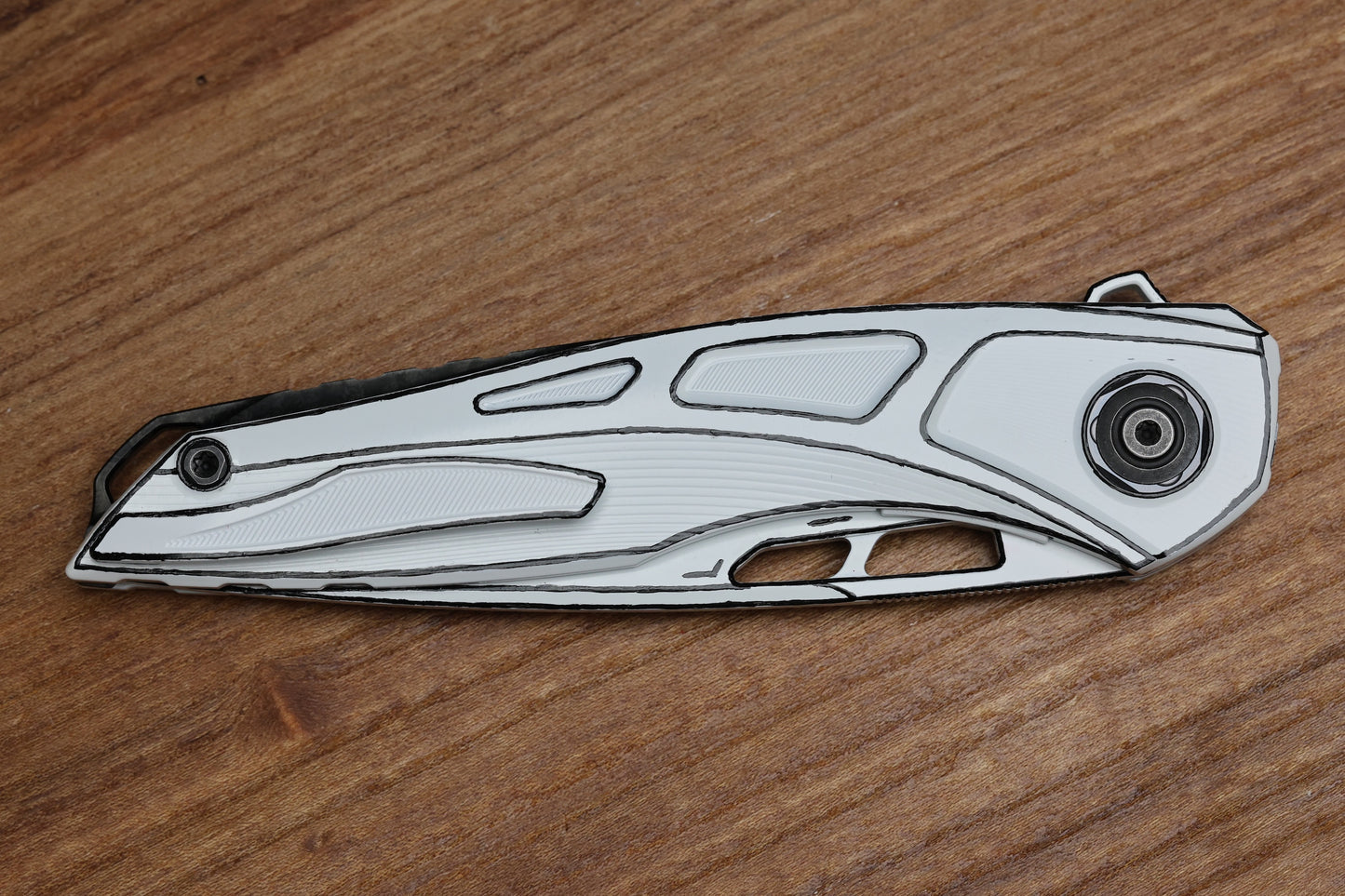 CUSTOM KNIFE FACTORY CEL SHADED WHITE SUKHOI-5 TITANIUM HANDLES W/ CRYSTAL TI BACKSPACER & M398