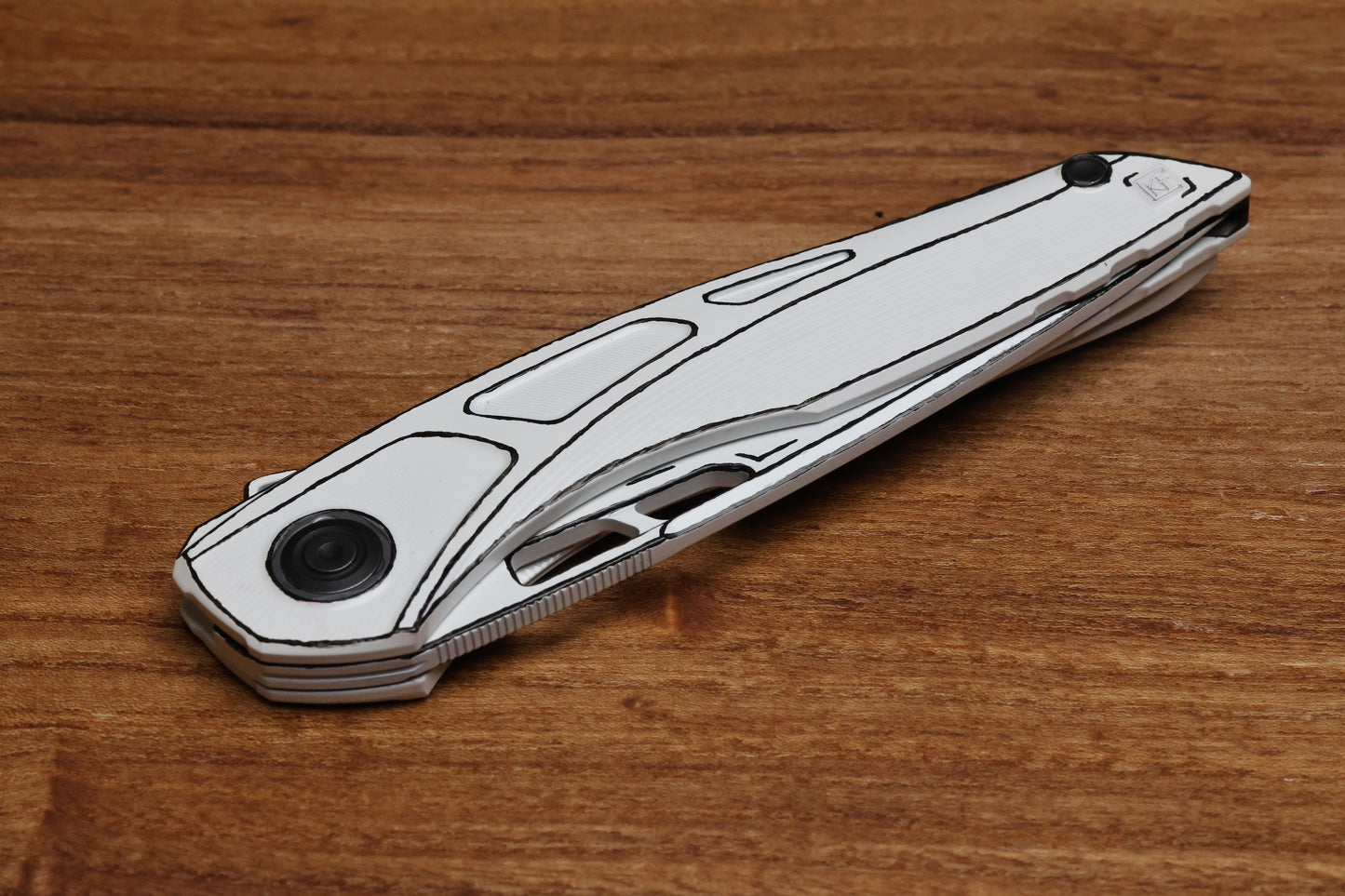 CUSTOM KNIFE FACTORY CEL SHADED WHITE SUKHOI-5 TITANIUM HANDLES W/ CRYSTAL TI BACKSPACER & M398