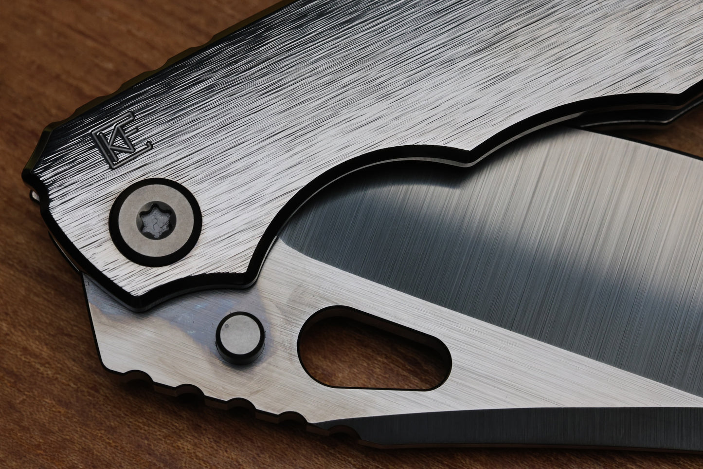 CUSTOM KNIFE FACTORY & ROTTEN DESIGN EVO 1.1 POLISHED DLC TI HANDLES W/ M398