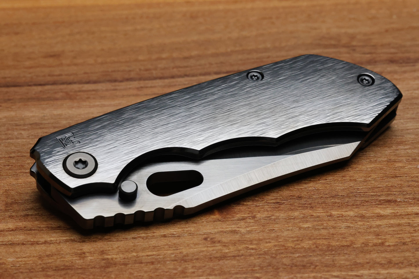 CUSTOM KNIFE FACTORY & ROTTEN DESIGN EVO 1.1 POLISHED DLC TI HANDLES W/ M398