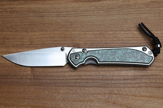 CHRIS REEVE LARGE SEBENZA 31 - TEAL MAGNETIC CARBOTI INLAY - POLISHED DROP POINT CPM MAGNACUT BLADE - SILVER DOUBLE LUGS - MIM CLIP