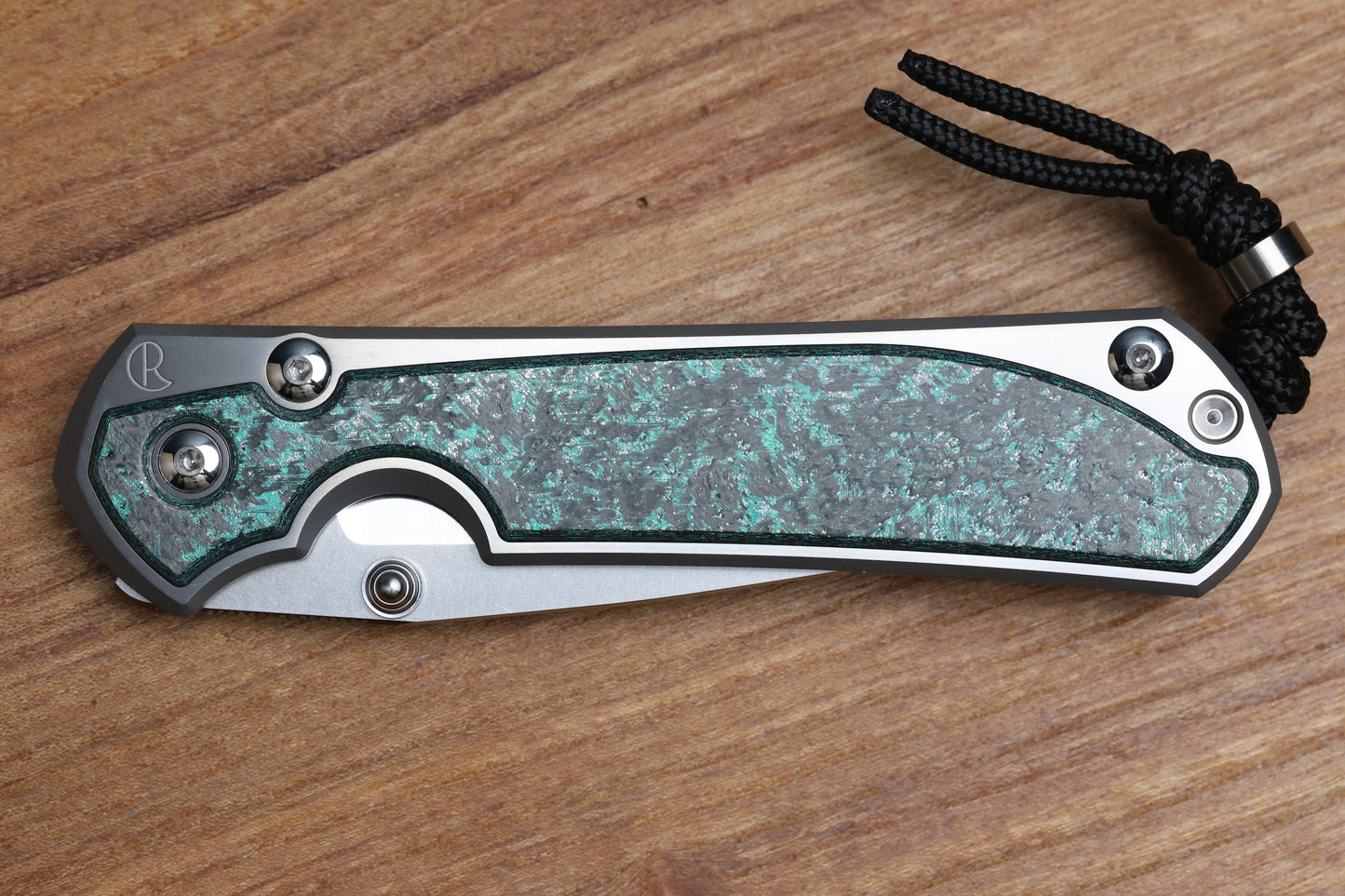 CHRIS REEVE LARGE SEBENZA 31 - TEAL MAGNETIC CARBOTI INLAY - POLISHED DROP POINT CPM MAGNACUT BLADE - SILVER DOUBLE LUGS - MIM CLIP