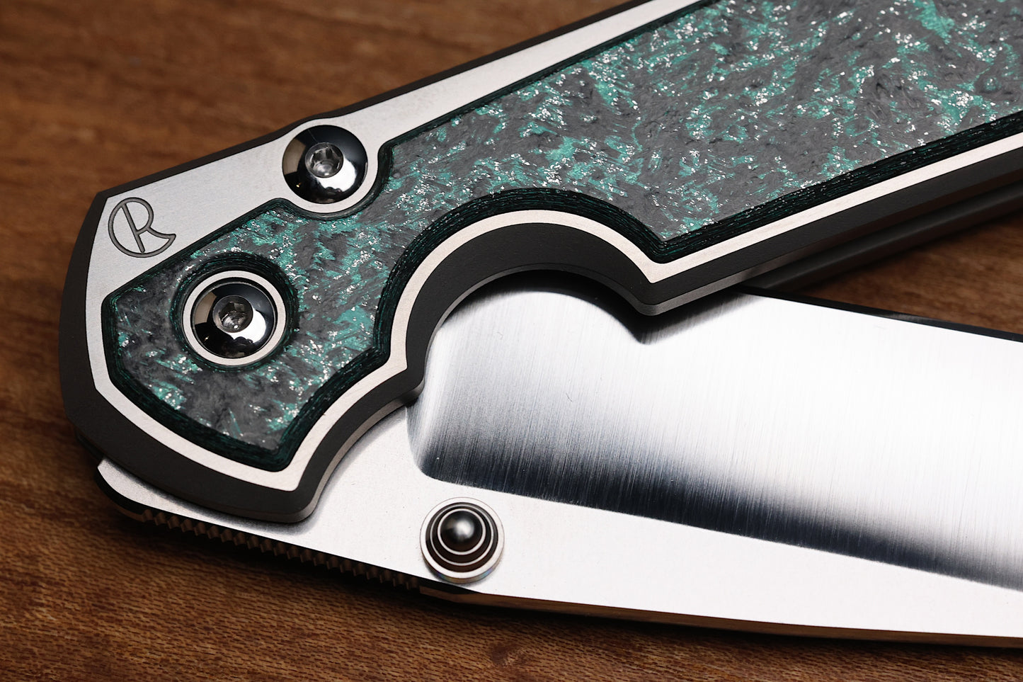 CHRIS REEVE LARGE SEBENZA 31 - TEAL MAGNETIC CARBOTI INLAY - POLISHED DROP POINT CPM MAGNACUT BLADE - SILVER DOUBLE LUGS - MIM CLIP