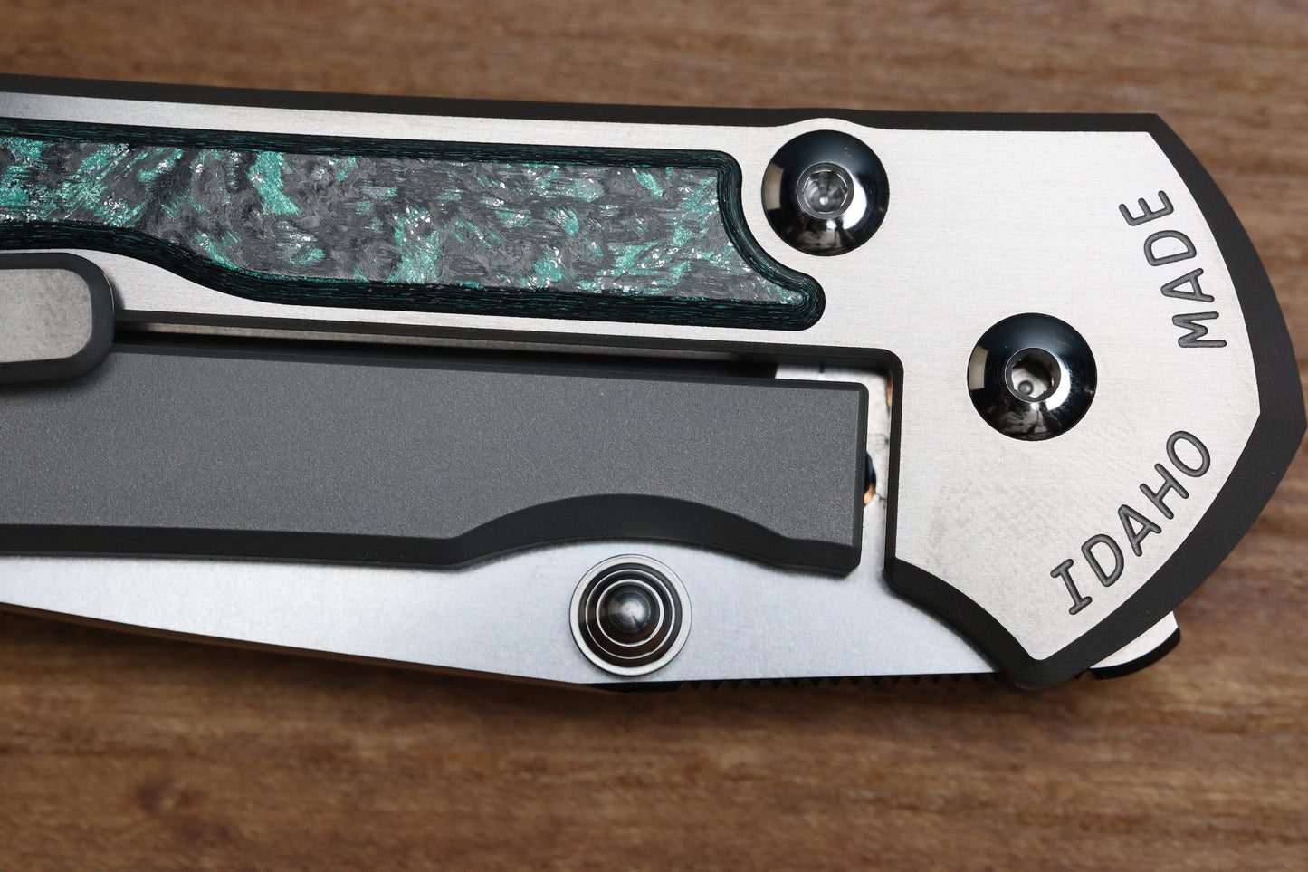 CHRIS REEVE LARGE SEBENZA 31 - TEAL MAGNETIC CARBOTI INLAY - POLISHED DROP POINT CPM MAGNACUT BLADE - SILVER DOUBLE LUGS - MIM CLIP