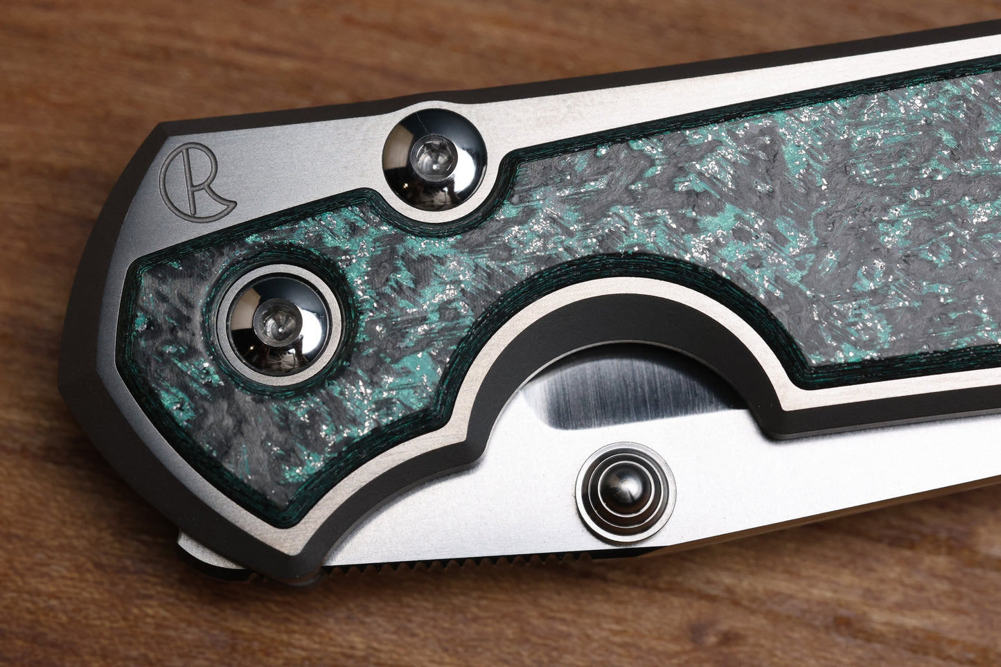 CHRIS REEVE LARGE SEBENZA 31 - TEAL MAGNETIC CARBOTI INLAY - POLISHED DROP POINT CPM MAGNACUT BLADE - SILVER DOUBLE LUGS - MIM CLIP