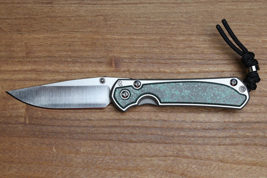 CHRIS REEVE SMALL SEBENZA 31 - TEAL MAGNETIC CARBOTI INLAY - POLISHED DROP POINT CPM MAGNACUT BLADE - SILVER DOUBLE LUGS - MIM CLIP