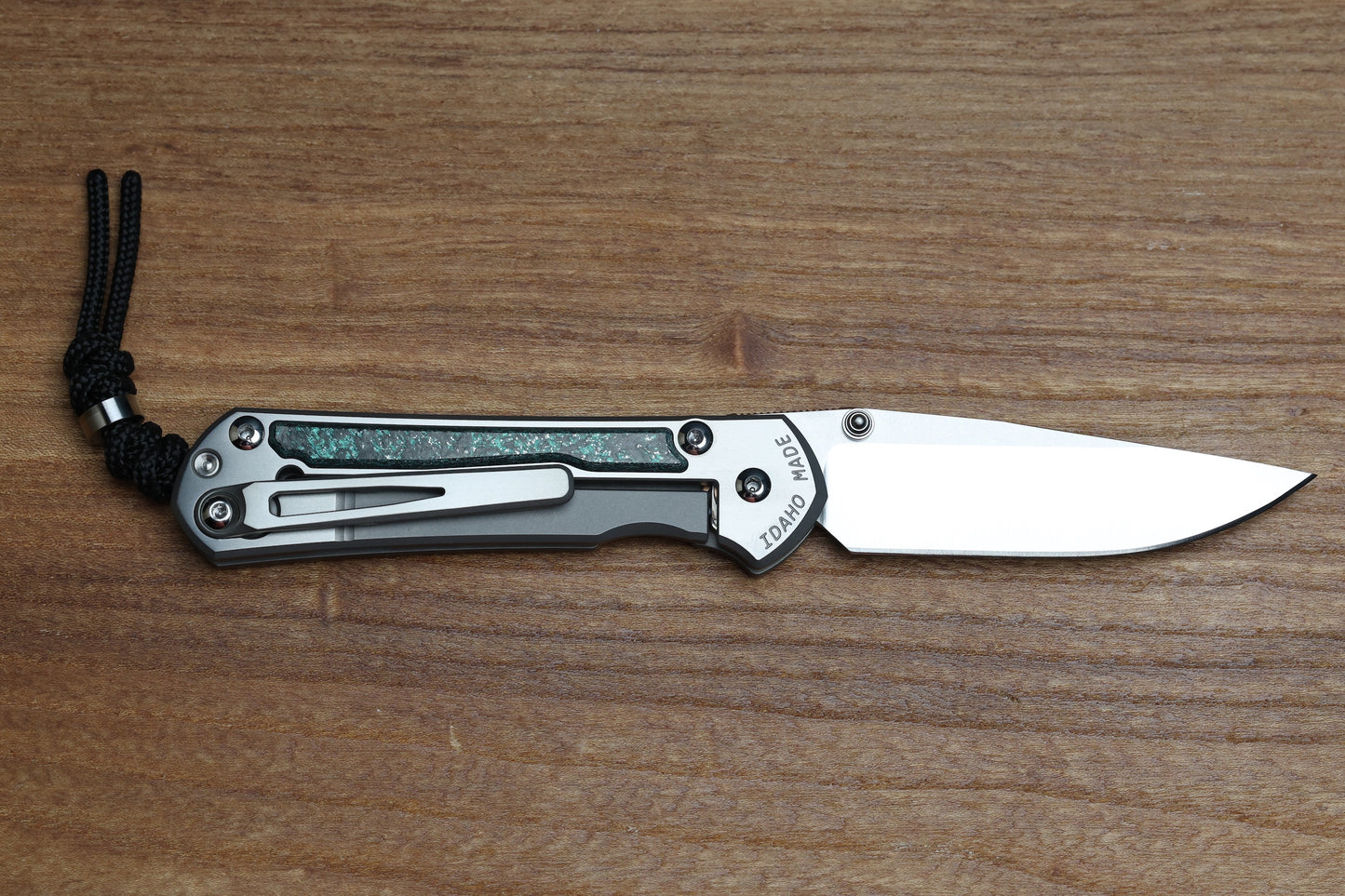 CHRIS REEVE SMALL SEBENZA 31 - TEAL MAGNETIC CARBOTI INLAY - POLISHED DROP POINT CPM MAGNACUT BLADE - SILVER DOUBLE LUGS - MIM CLIP