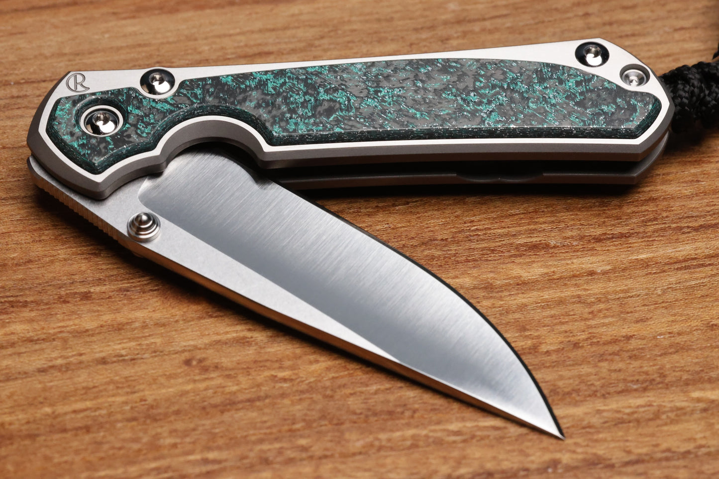 CHRIS REEVE SMALL SEBENZA 31 - TEAL MAGNETIC CARBOTI INLAY - POLISHED DROP POINT CPM MAGNACUT BLADE - SILVER DOUBLE LUGS - MIM CLIP