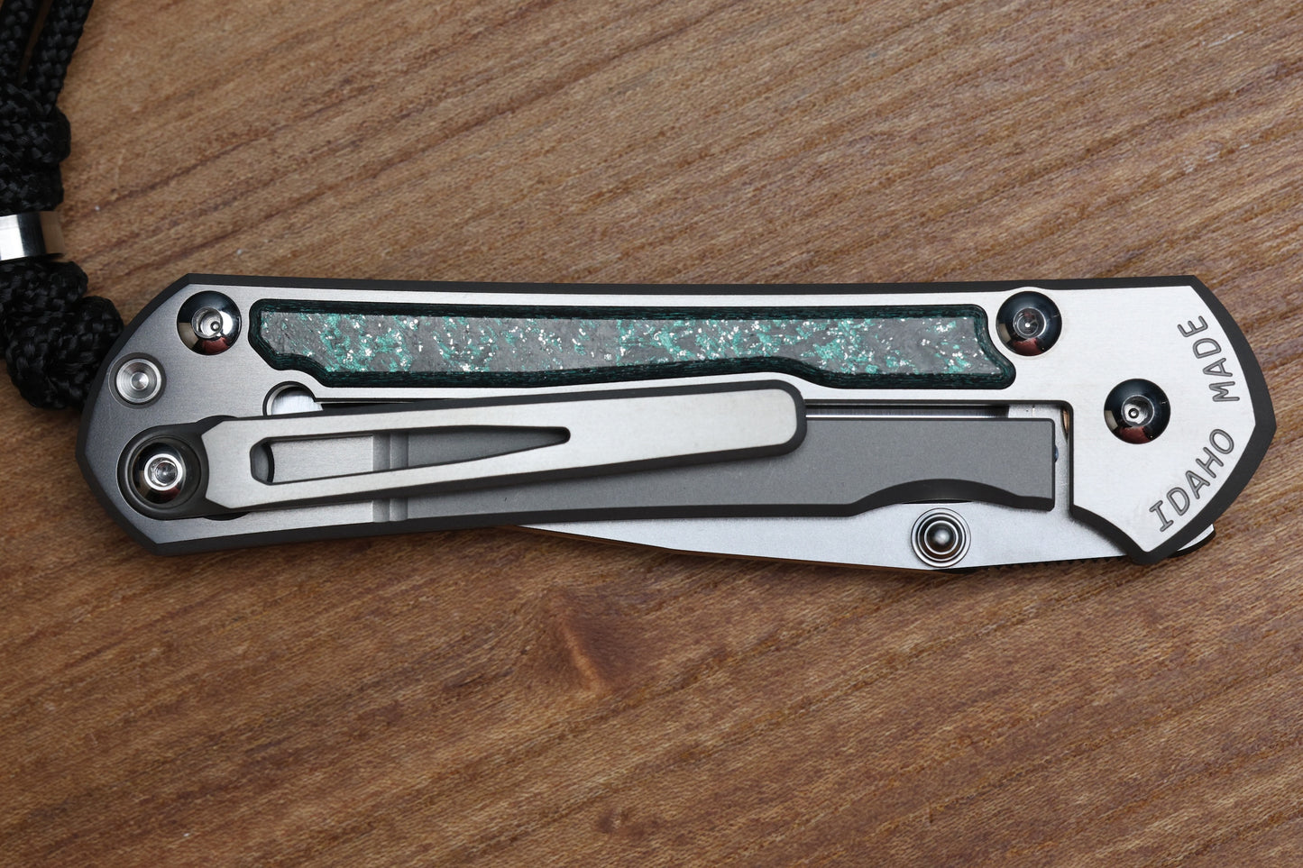 CHRIS REEVE SMALL SEBENZA 31 - TEAL MAGNETIC CARBOTI INLAY - POLISHED DROP POINT CPM MAGNACUT BLADE - SILVER DOUBLE LUGS - MIM CLIP
