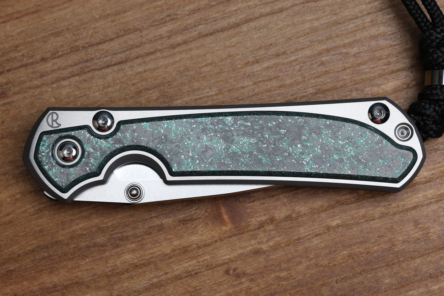 CHRIS REEVE SMALL SEBENZA 31 - TEAL MAGNETIC CARBOTI INLAY - POLISHED DROP POINT CPM MAGNACUT BLADE - SILVER DOUBLE LUGS - MIM CLIP