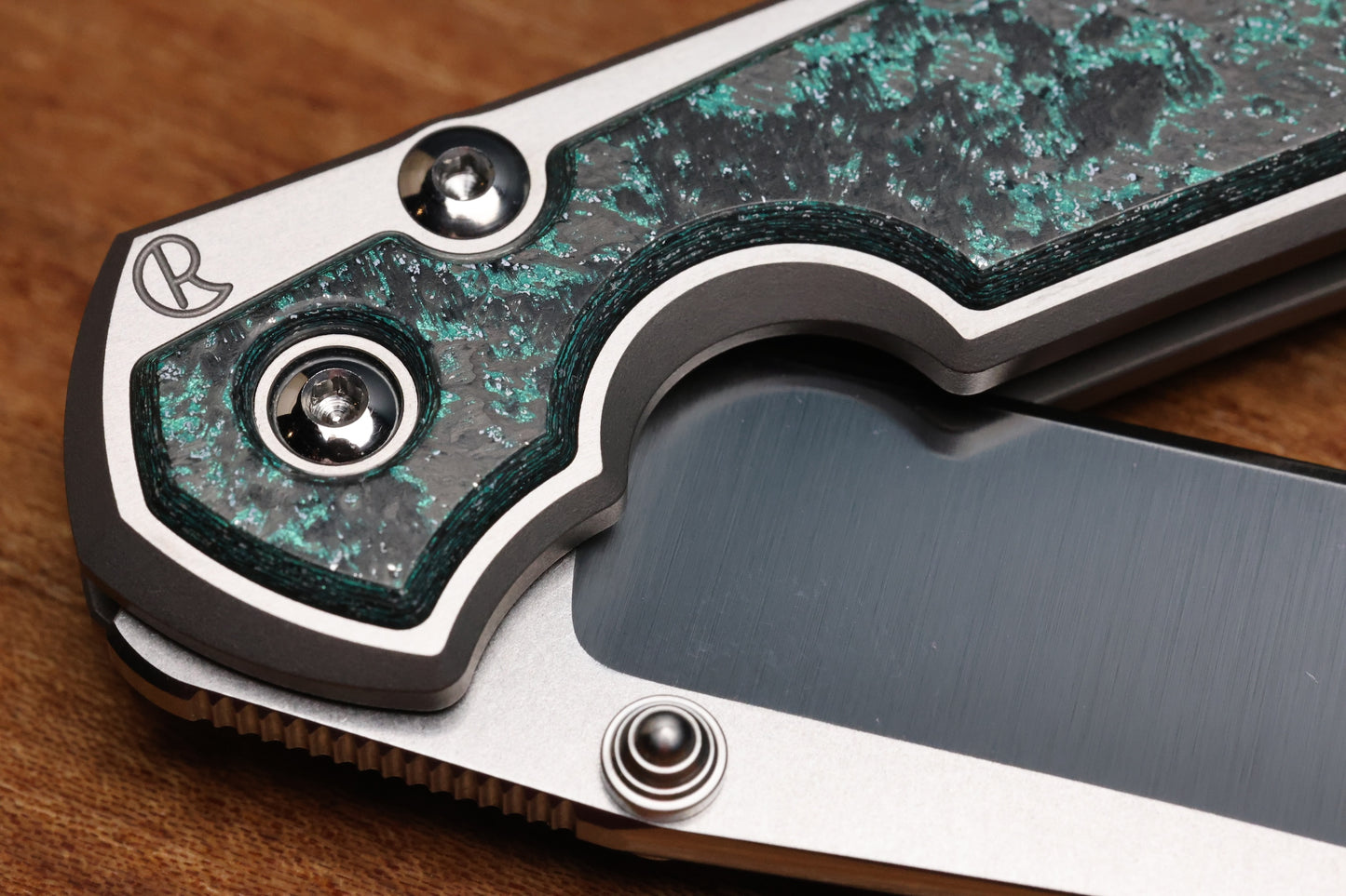 CHRIS REEVE SMALL SEBENZA 31 - TEAL MAGNETIC CARBOTI INLAY - POLISHED DROP POINT CPM MAGNACUT BLADE - SILVER DOUBLE LUGS - MIM CLIP
