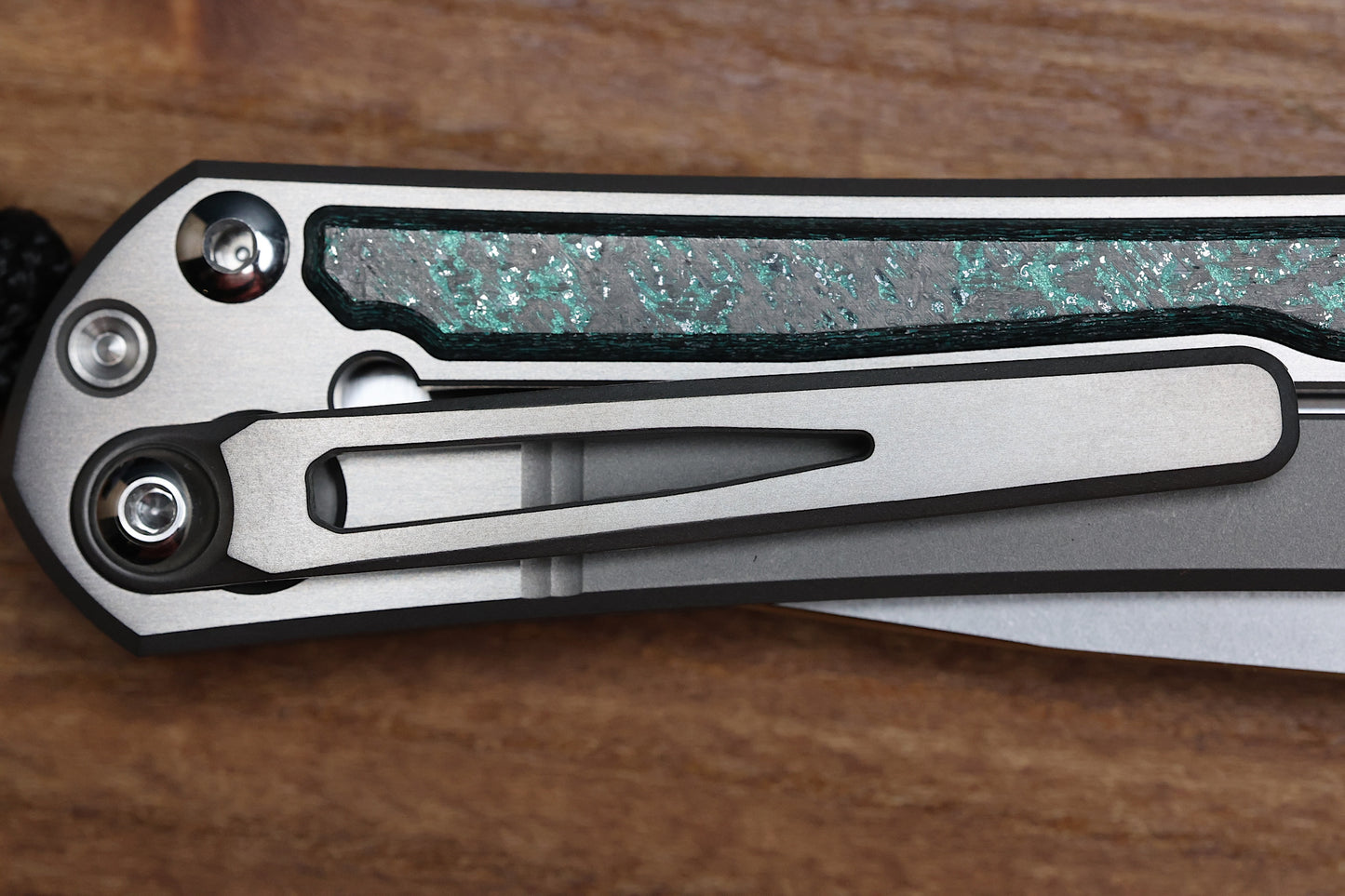 CHRIS REEVE SMALL SEBENZA 31 - TEAL MAGNETIC CARBOTI INLAY - POLISHED DROP POINT CPM MAGNACUT BLADE - SILVER DOUBLE LUGS - MIM CLIP