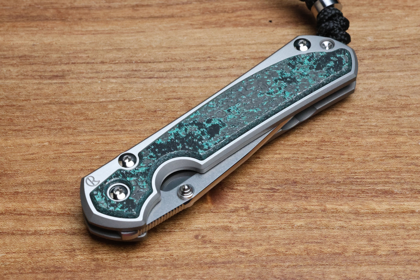 CHRIS REEVE SMALL SEBENZA 31 - TEAL MAGNETIC CARBOTI INLAY - POLISHED DROP POINT CPM MAGNACUT BLADE - SILVER DOUBLE LUGS - MIM CLIP