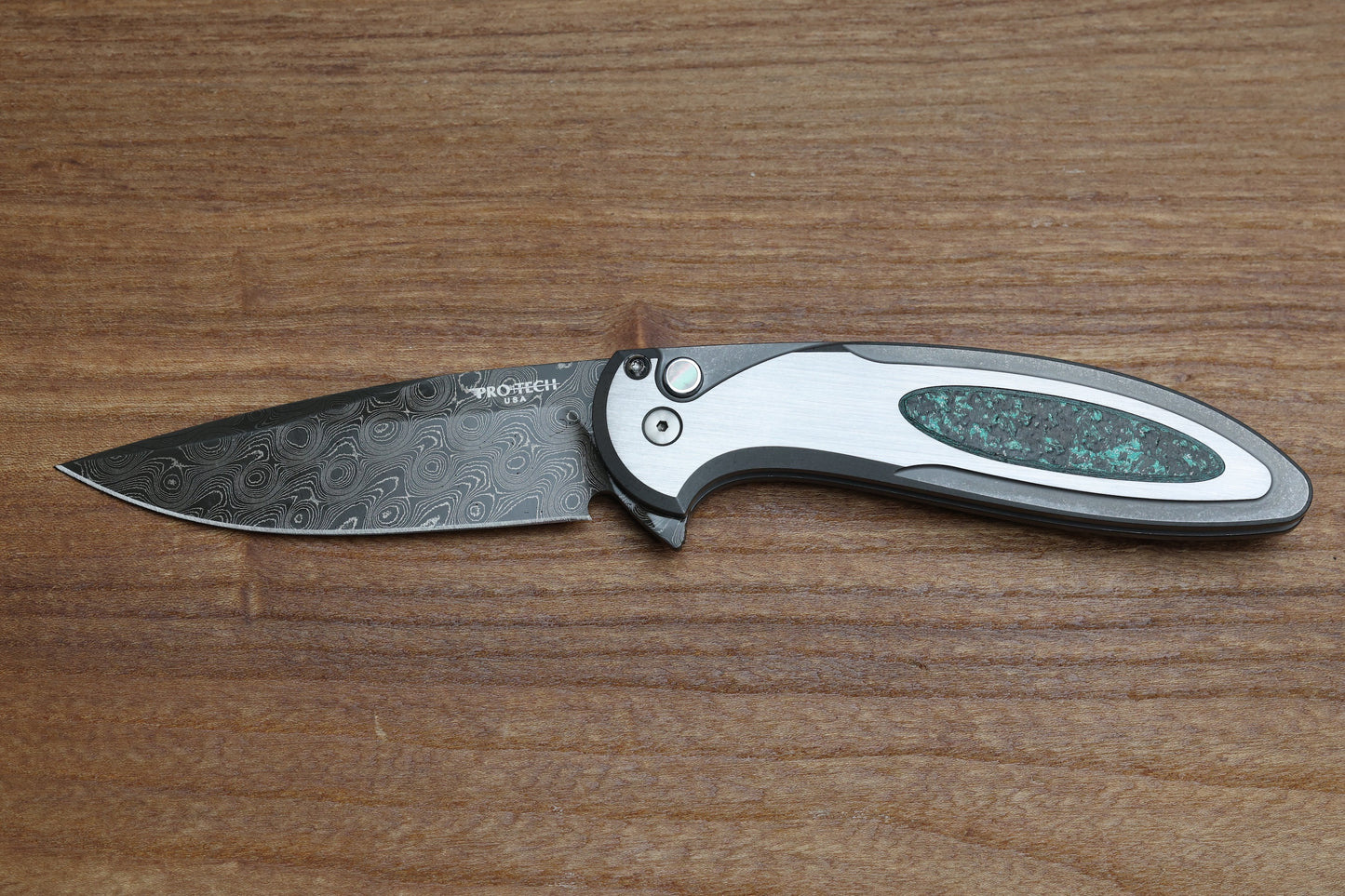 PRO-TECH KNIVES CAMBRIA TEAL MAGNETIC CARBOTI INLAY 17-4 STEEL HANDLE - NICHOLS VIRUS DAMASCUS BLADE