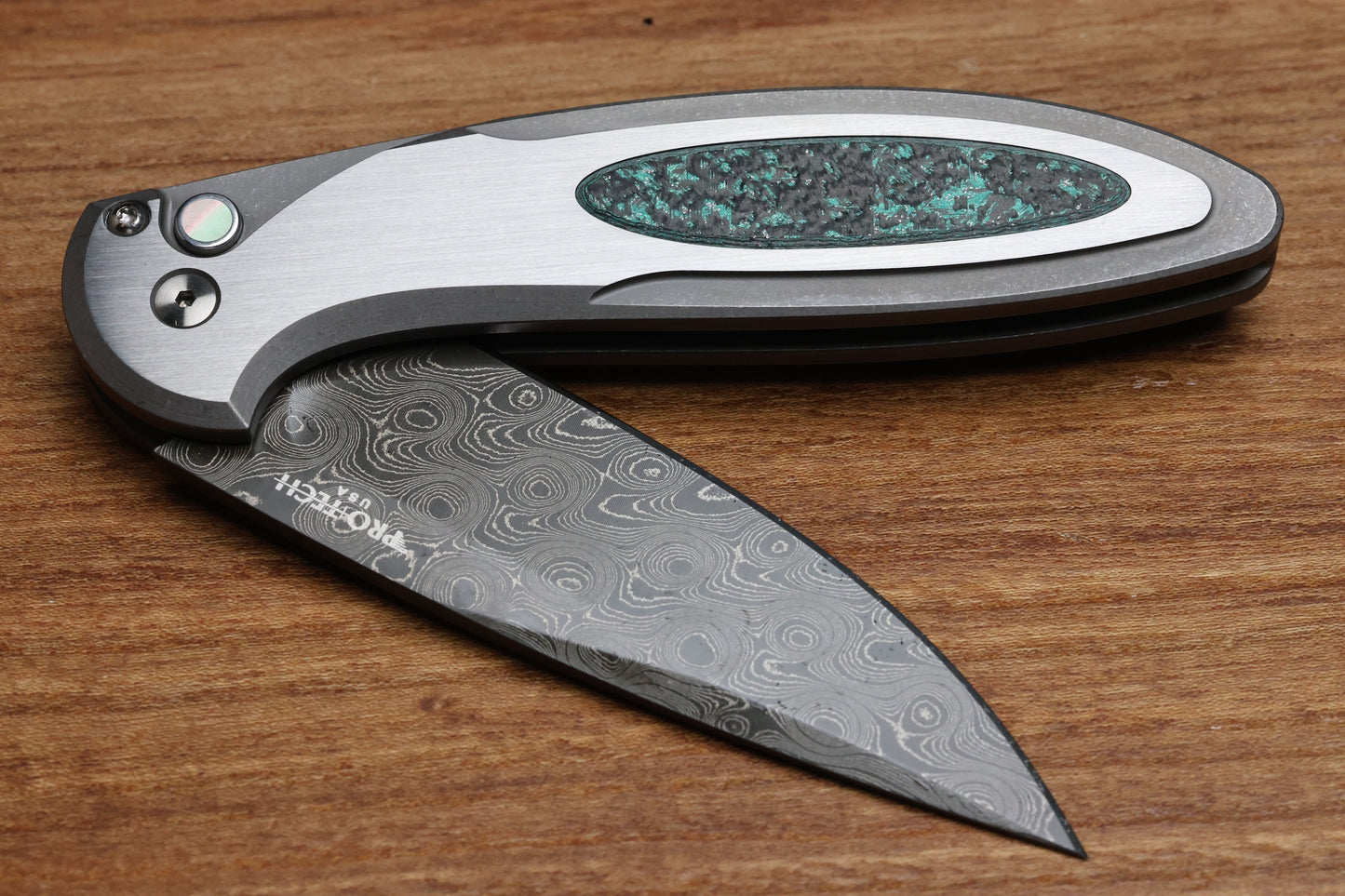 PRO-TECH KNIVES CAMBRIA TEAL MAGNETIC CARBOTI INLAY 17-4 STEEL HANDLE - NICHOLS VIRUS DAMASCUS BLADE