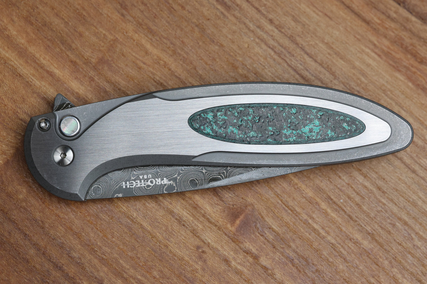 PRO-TECH KNIVES CAMBRIA TEAL MAGNETIC CARBOTI INLAY 17-4 STEEL HANDLE - NICHOLS VIRUS DAMASCUS BLADE
