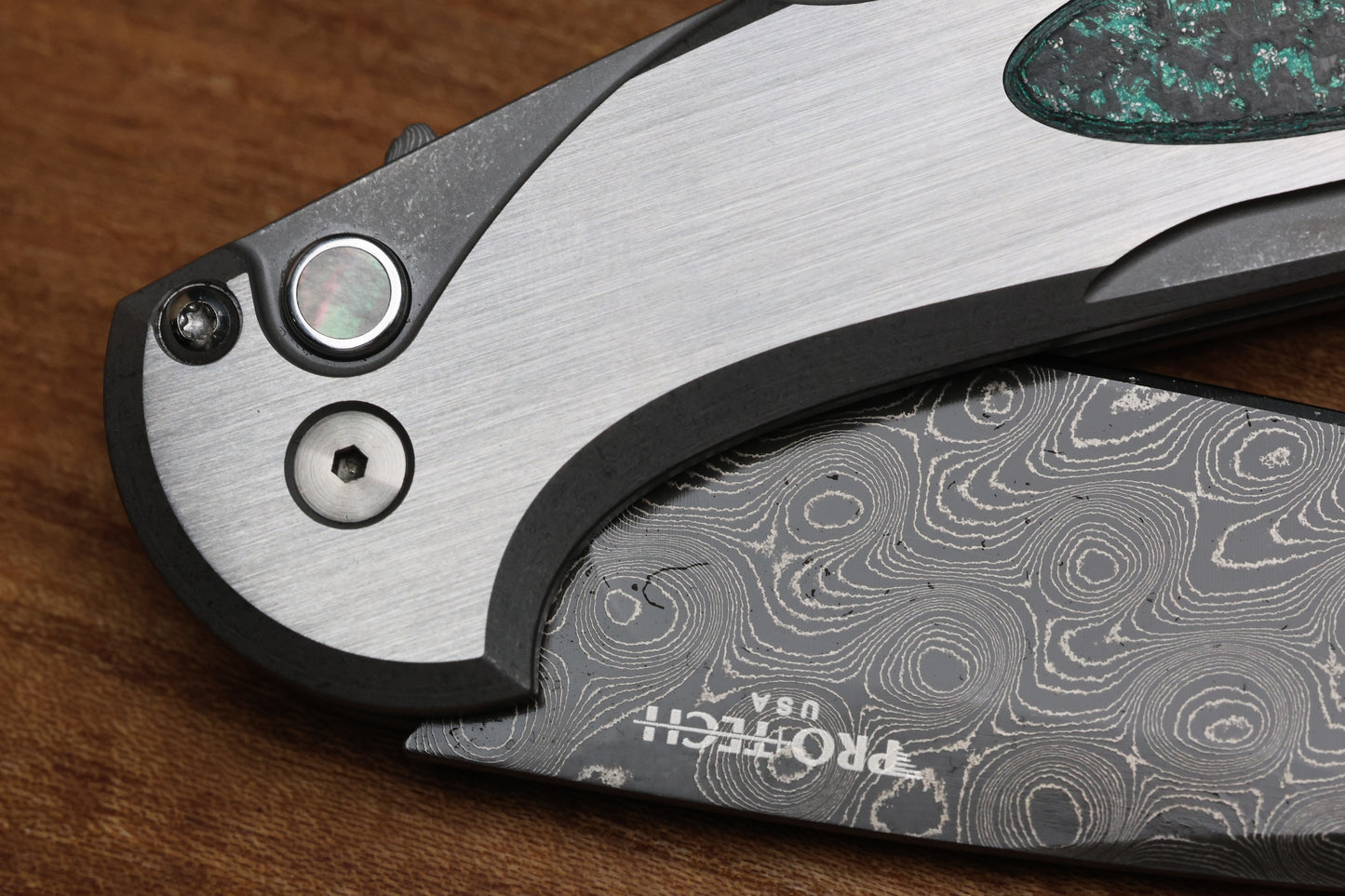 PRO-TECH KNIVES CAMBRIA TEAL MAGNETIC CARBOTI INLAY 17-4 STEEL HANDLE - NICHOLS VIRUS DAMASCUS BLADE