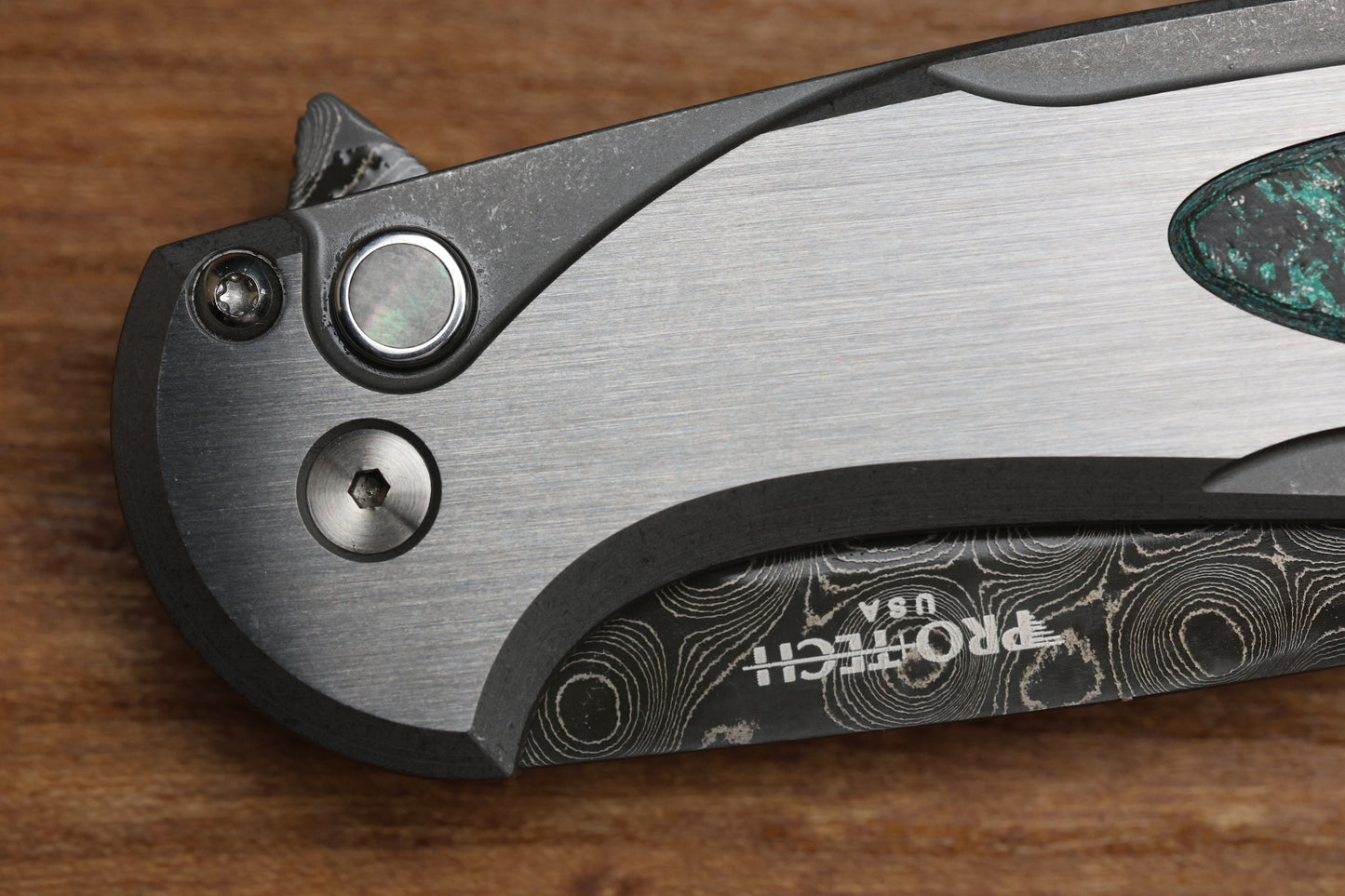PRO-TECH KNIVES CAMBRIA TEAL MAGNETIC CARBOTI INLAY 17-4 STEEL HANDLE - NICHOLS VIRUS DAMASCUS BLADE