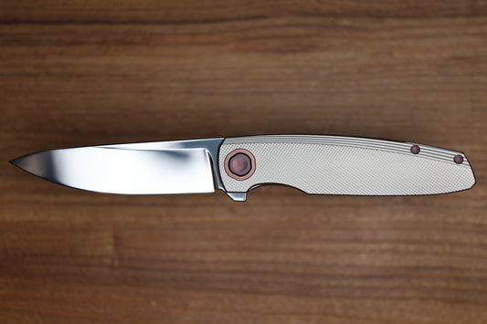 HOLT BLADEWORKS OUTLAW CHECKERED TITANIUM COPPER COLLAR NEAR MIRROR M390 BLADE #159