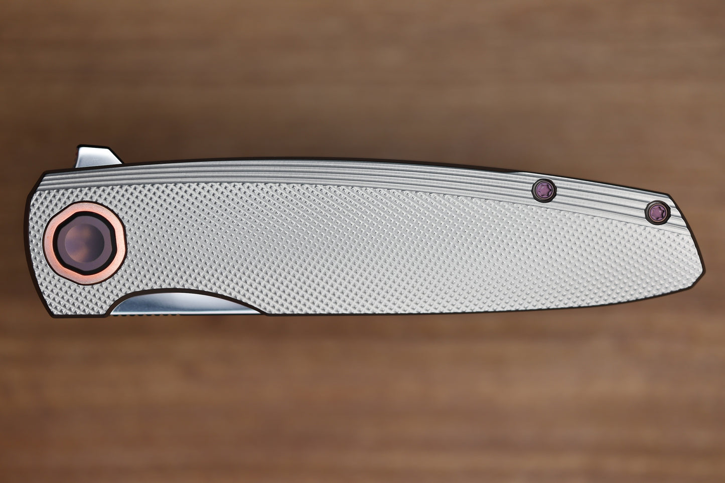 HOLT BLADEWORKS OUTLAW CHECKERED TITANIUM COPPER COLLAR NEAR MIRROR M390 BLADE #159