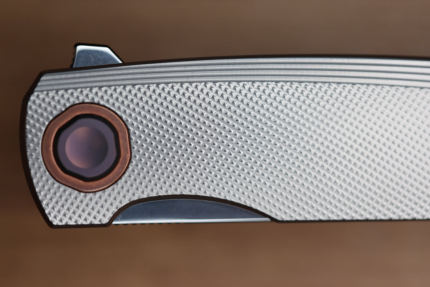 HOLT BLADEWORKS OUTLAW CHECKERED TITANIUM COPPER COLLAR NEAR MIRROR M390 BLADE #159