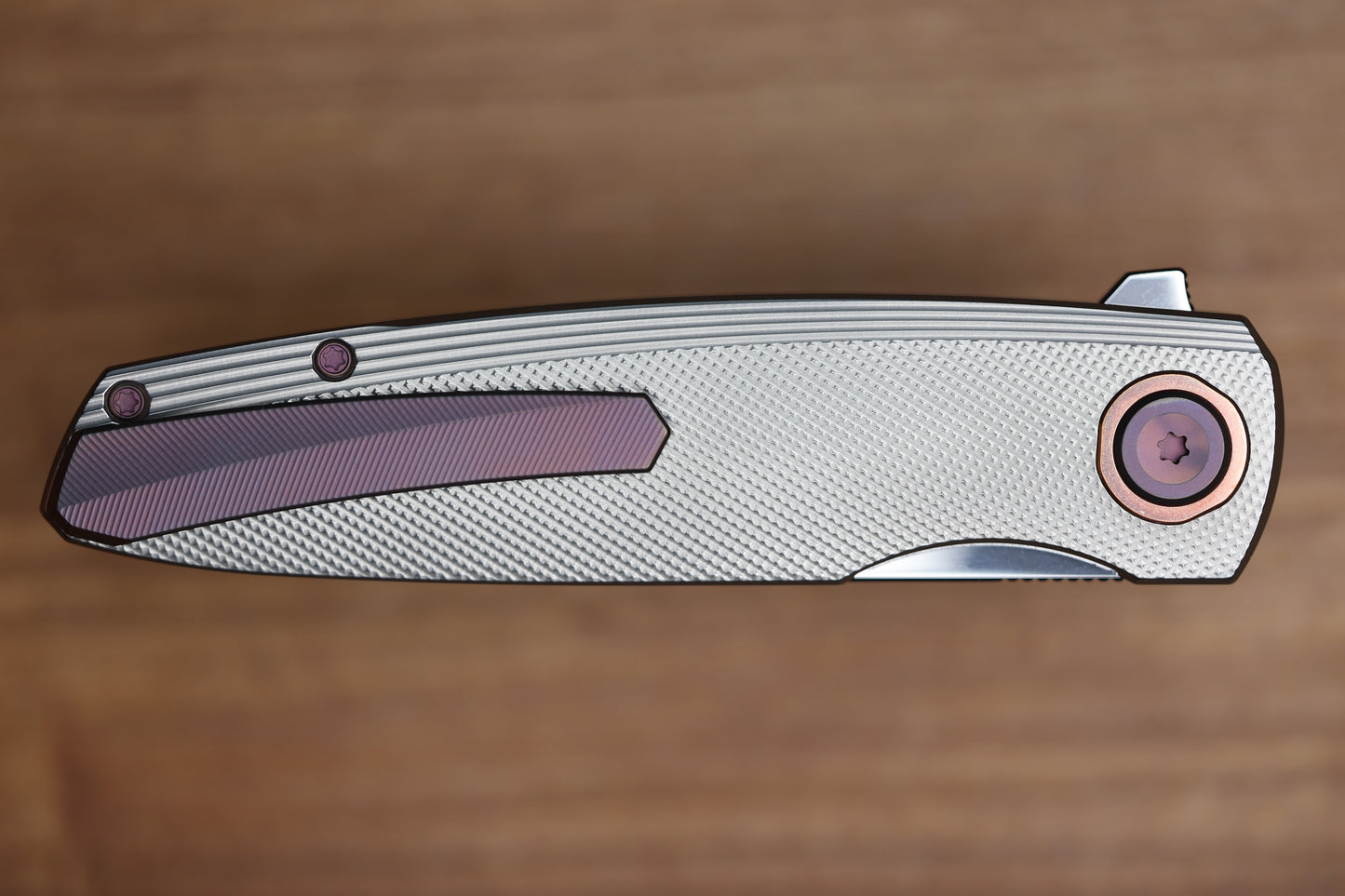 HOLT BLADEWORKS OUTLAW CHECKERED TITANIUM COPPER COLLAR NEAR MIRROR M390 BLADE #159