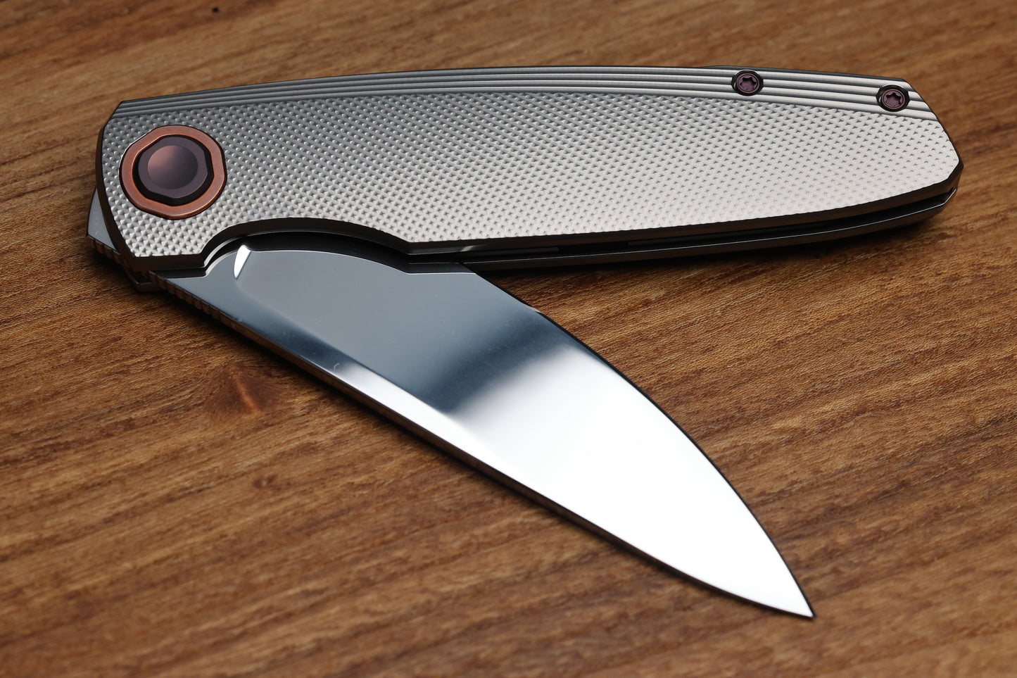 HOLT BLADEWORKS OUTLAW CHECKERED TITANIUM COPPER COLLAR NEAR MIRROR M390 BLADE #159