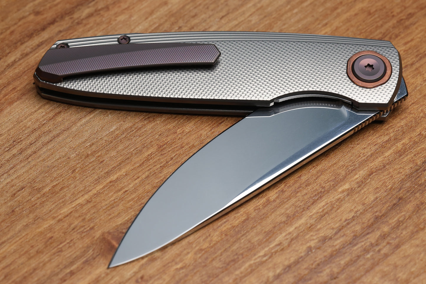 HOLT BLADEWORKS OUTLAW CHECKERED TITANIUM COPPER COLLAR NEAR MIRROR M390 BLADE #159