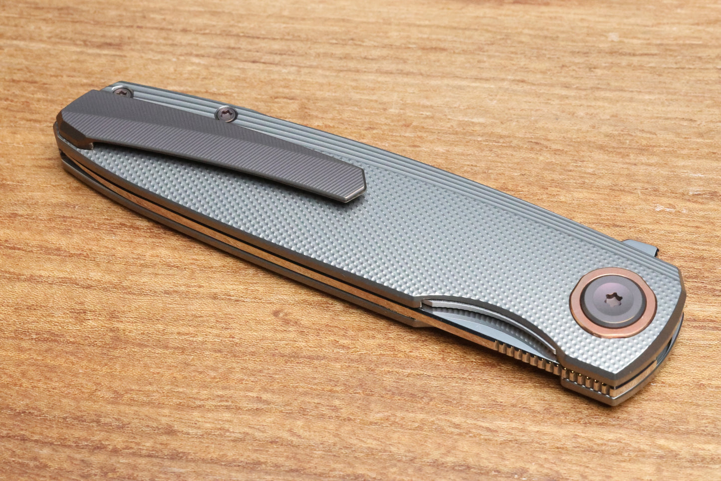 HOLT BLADEWORKS OUTLAW CHECKERED TITANIUM COPPER COLLAR NEAR MIRROR M390 BLADE #159