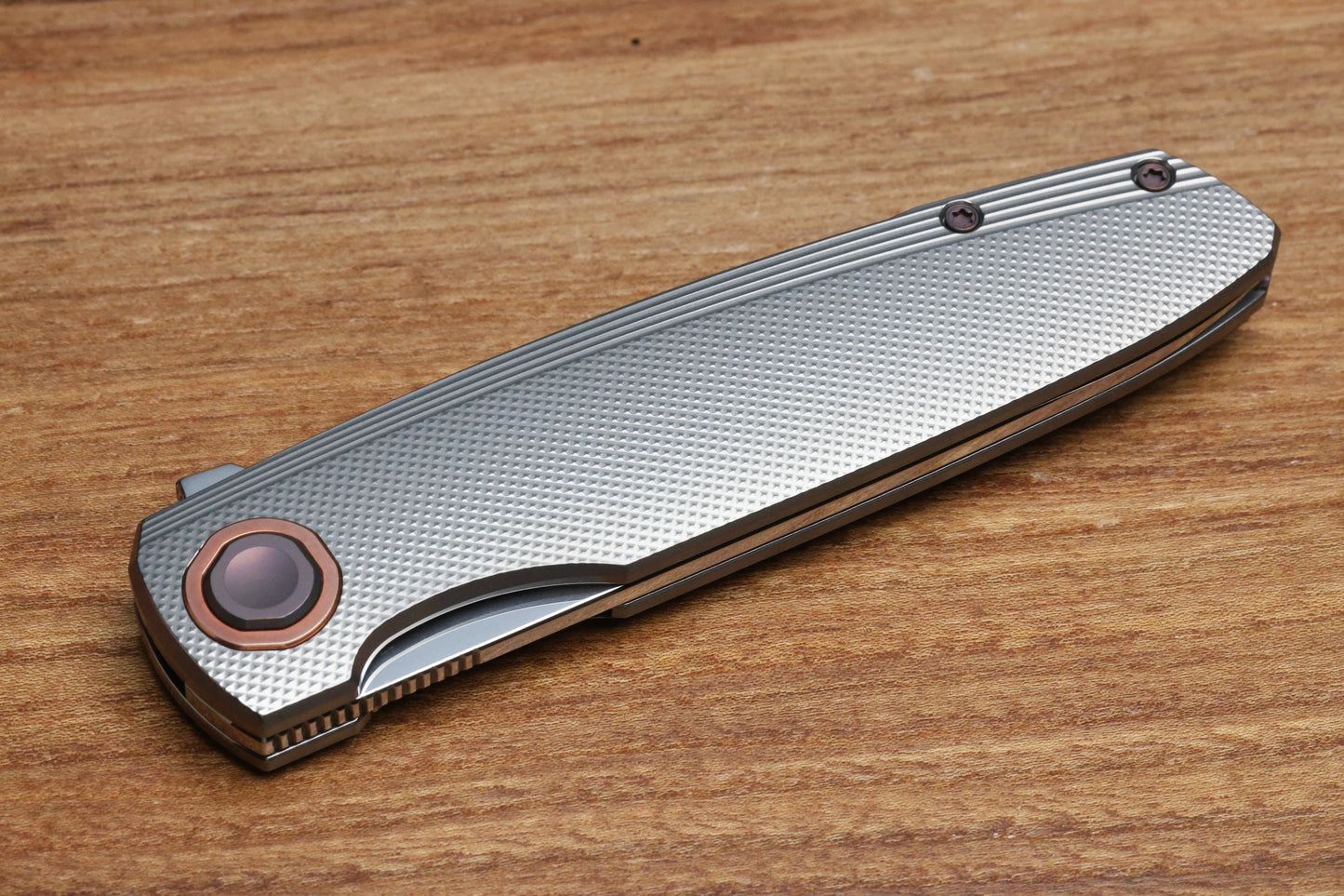 HOLT BLADEWORKS OUTLAW CHECKERED TITANIUM COPPER COLLAR NEAR MIRROR M390 BLADE #159