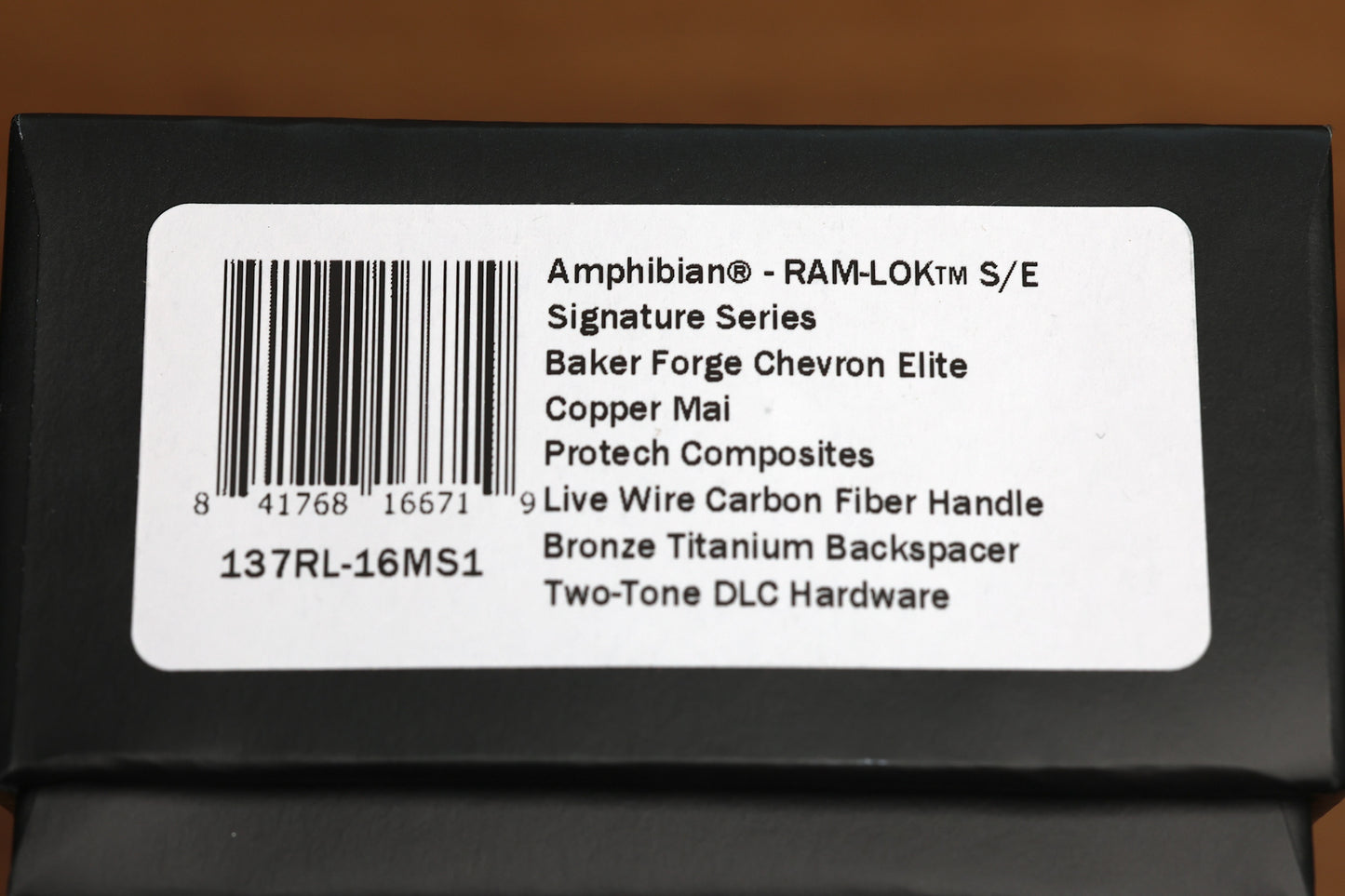 MICROTECH KNIVES AMPHIBIAN RAM-LOK BAKER FORGE CHEVRON ELITE COPPER MAI & PROTECH COMPOSITES LIVE WIRE CARBON FIBER HANDLES W/ DLC TWO TONE HARDWARE SIGNATURE SERIES 137RL-16MS1