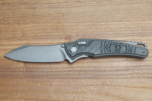 HAWK KNIVES TALON STONEWASHED M390 BLADE, STANDARD CARBON FIBER HANDLE SCALES