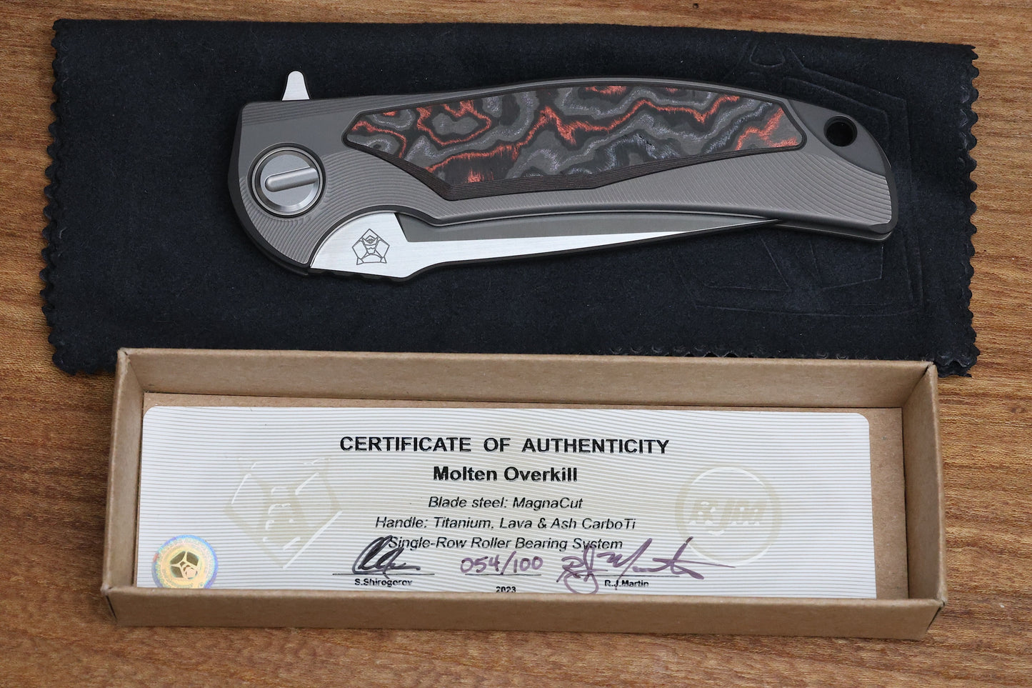 SHIROGOROV “LIMITED EDITION” RJ MARTIN DESIGN MOLTEN OVERKILL – MAGNACUT BLADE – TITANIUM HANDLE W/ LAVA & ASH CARBOTI INLAYS – SRRBS