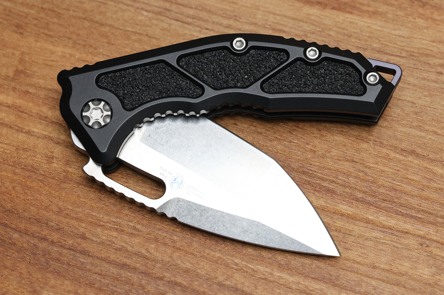 HERETIC KNIVES MEDUSA MANUAL BLACK ALUMINUM FRAME LOCK W/ GRIP INLAYS & STONEWASH MAGNACUT H009-2A