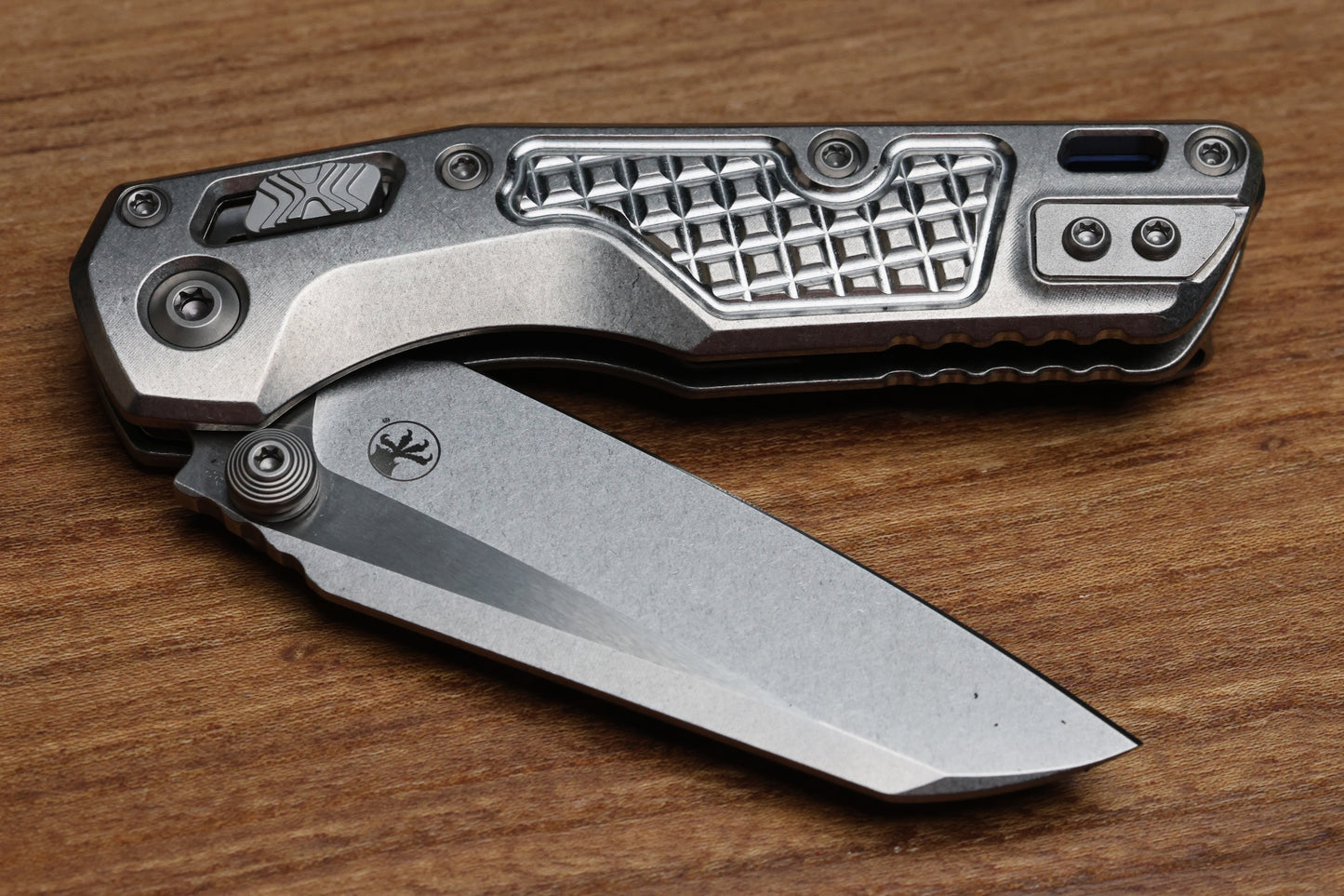 MICROTECH MARFIONE SELECT MSI RAM LOK MINI FLUTED TITANIUM HANDLES W/ BLUE/DOUBLE VAPOR ACCENTS & STONEWASH M390MK 210M-10FRMS3
